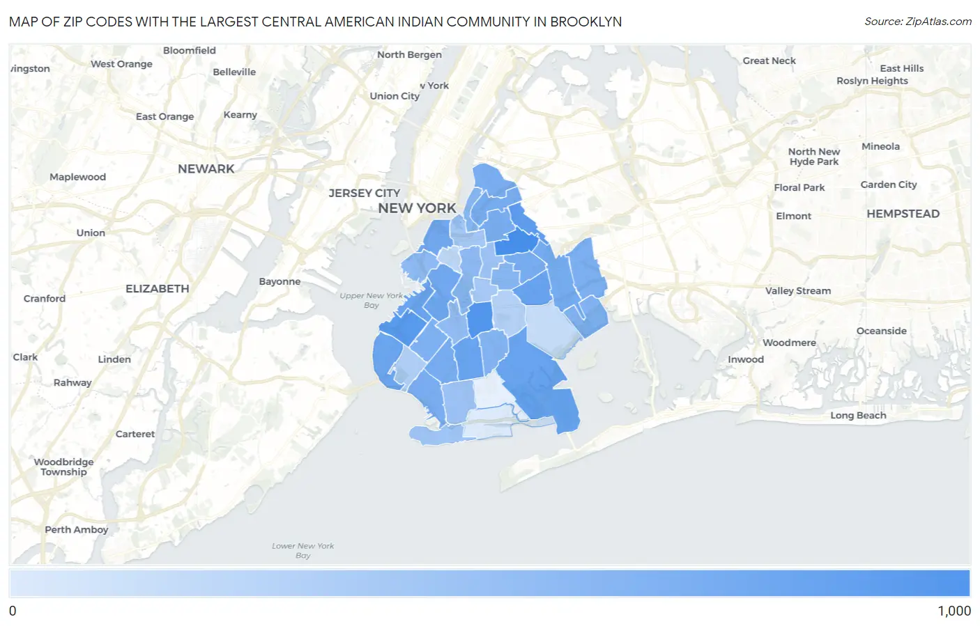 Zip Codes with the Largest Central American Indian Community in Brooklyn Map