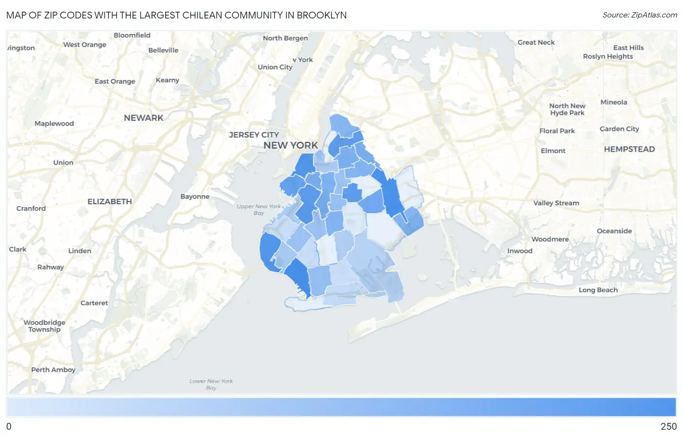 Zip Codes with the Largest Chilean Community in Brooklyn Map