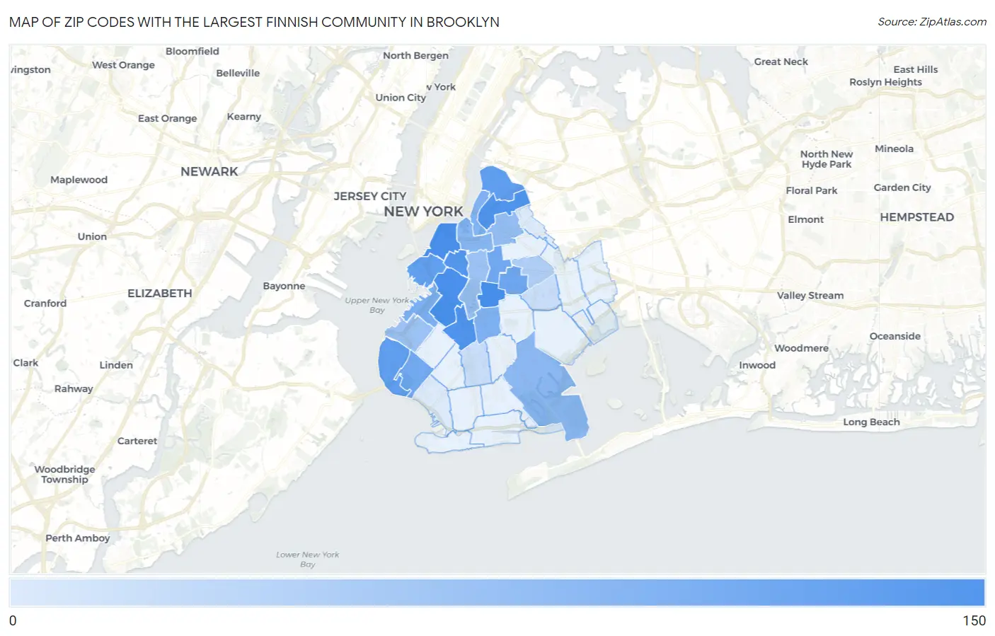 Zip Codes with the Largest Finnish Community in Brooklyn Map