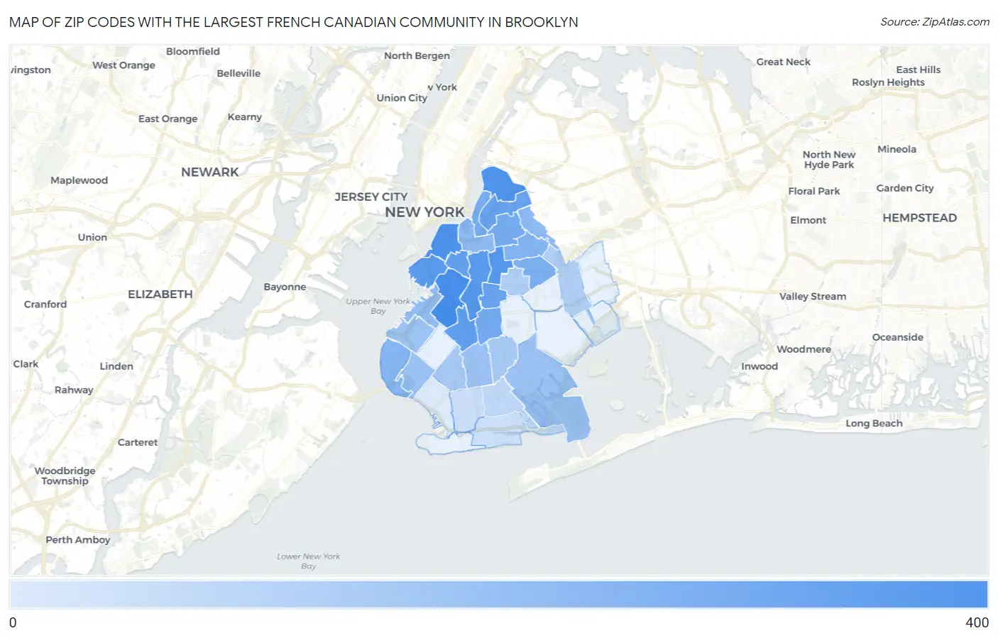 Zip Codes with the Largest French Canadian Community in Brooklyn Map