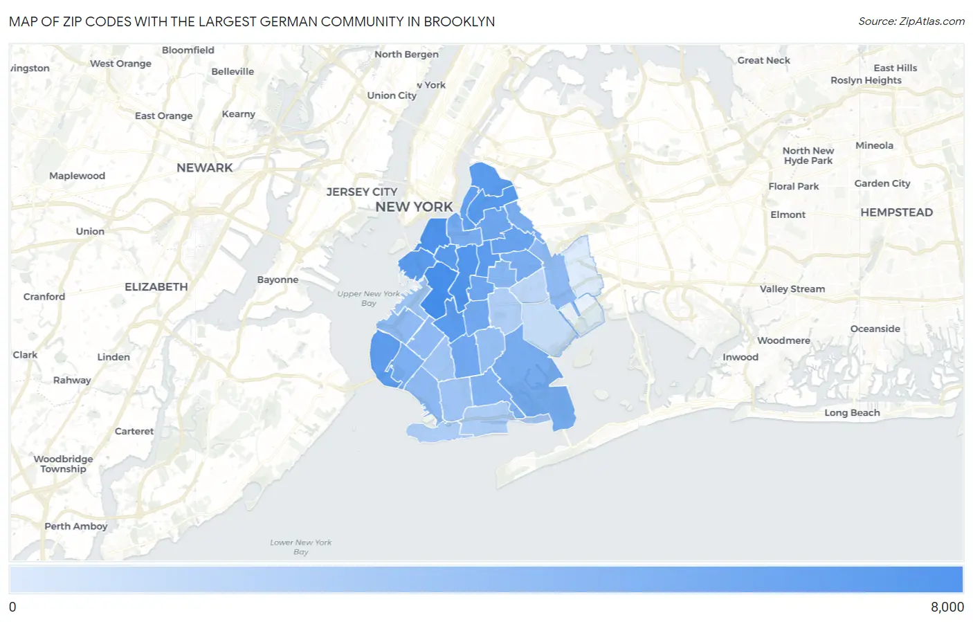 Zip Codes with the Largest German Community in Brooklyn Map