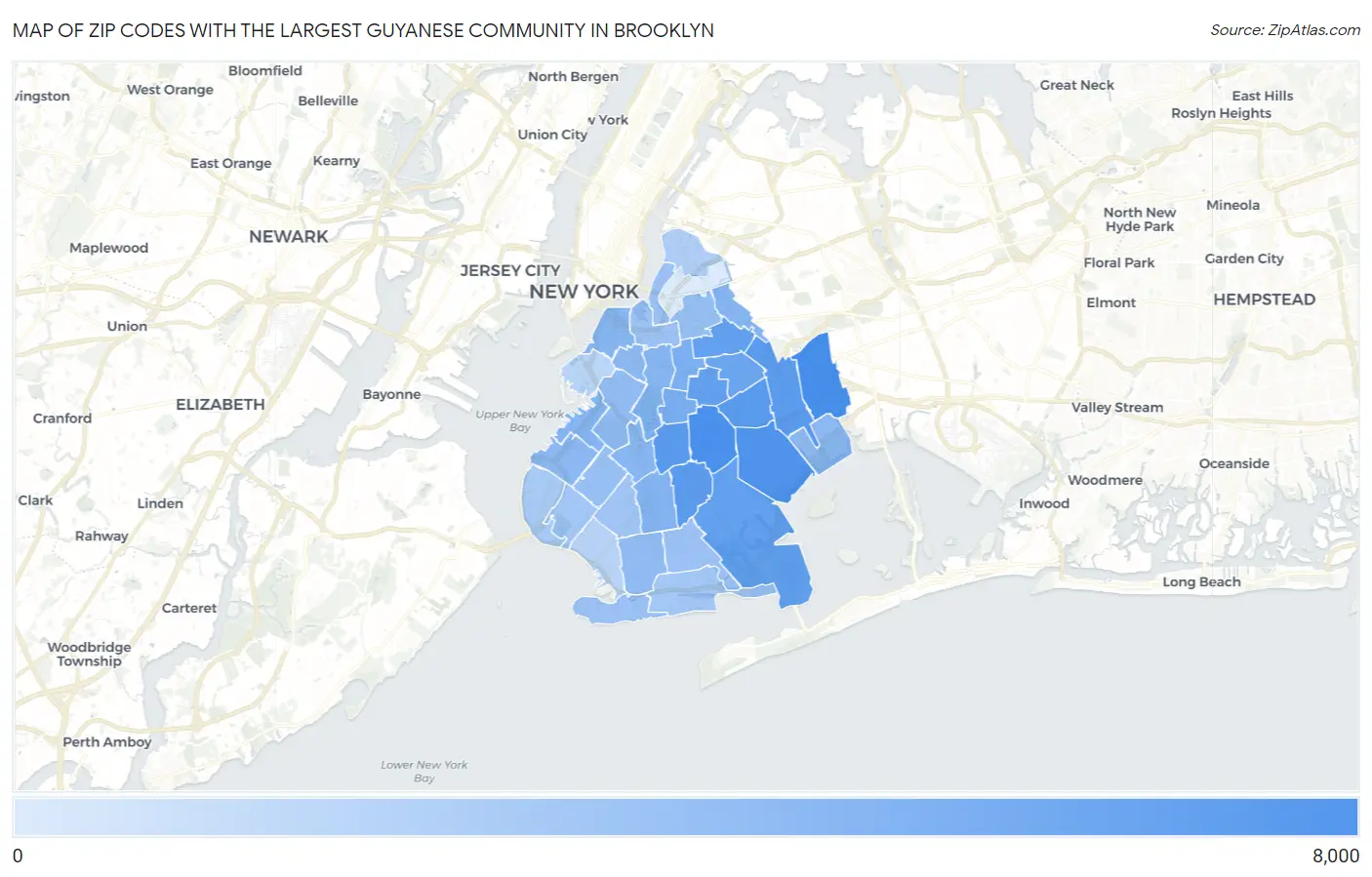 Zip Codes with the Largest Guyanese Community in Brooklyn Map