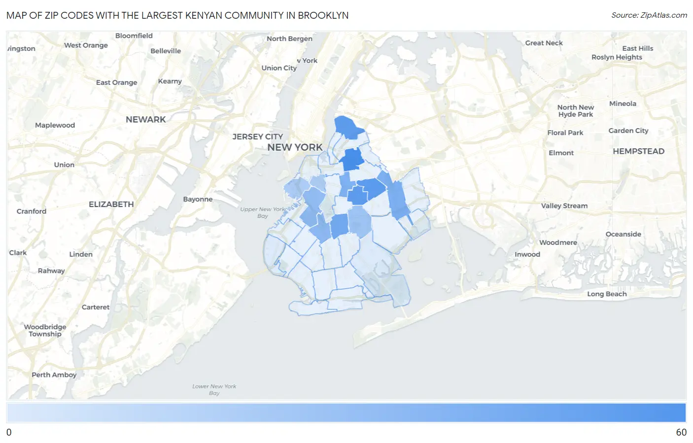 Zip Codes with the Largest Kenyan Community in Brooklyn Map