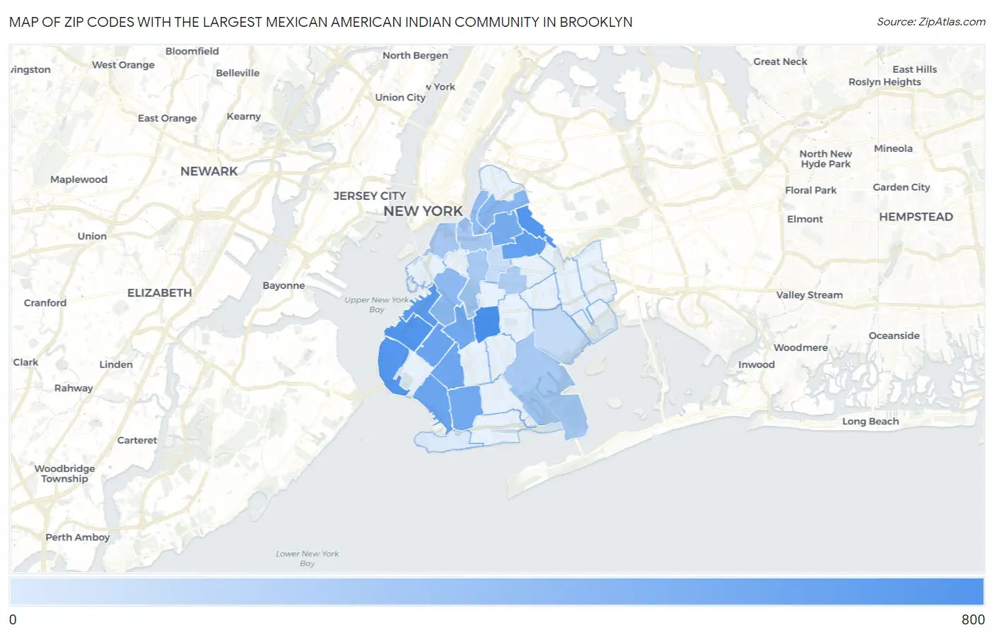 Zip Codes with the Largest Mexican American Indian Community in Brooklyn Map
