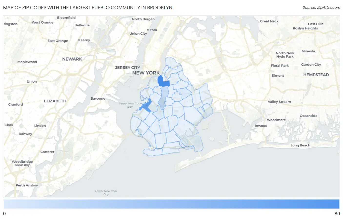 Zip Codes with the Largest Pueblo Community in Brooklyn Map