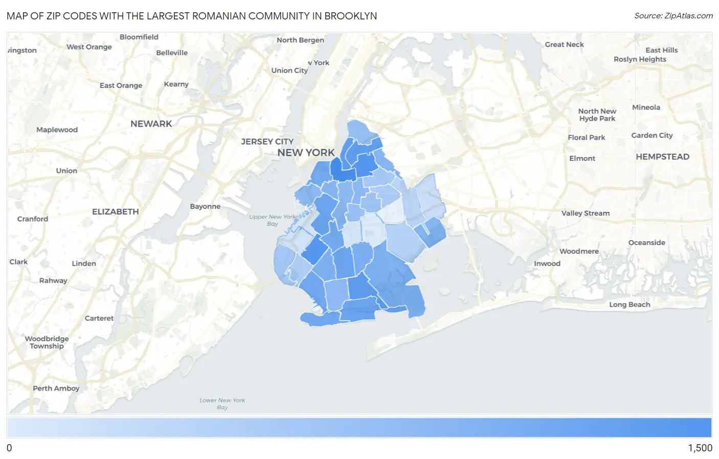 Zip Codes with the Largest Romanian Community in Brooklyn Map