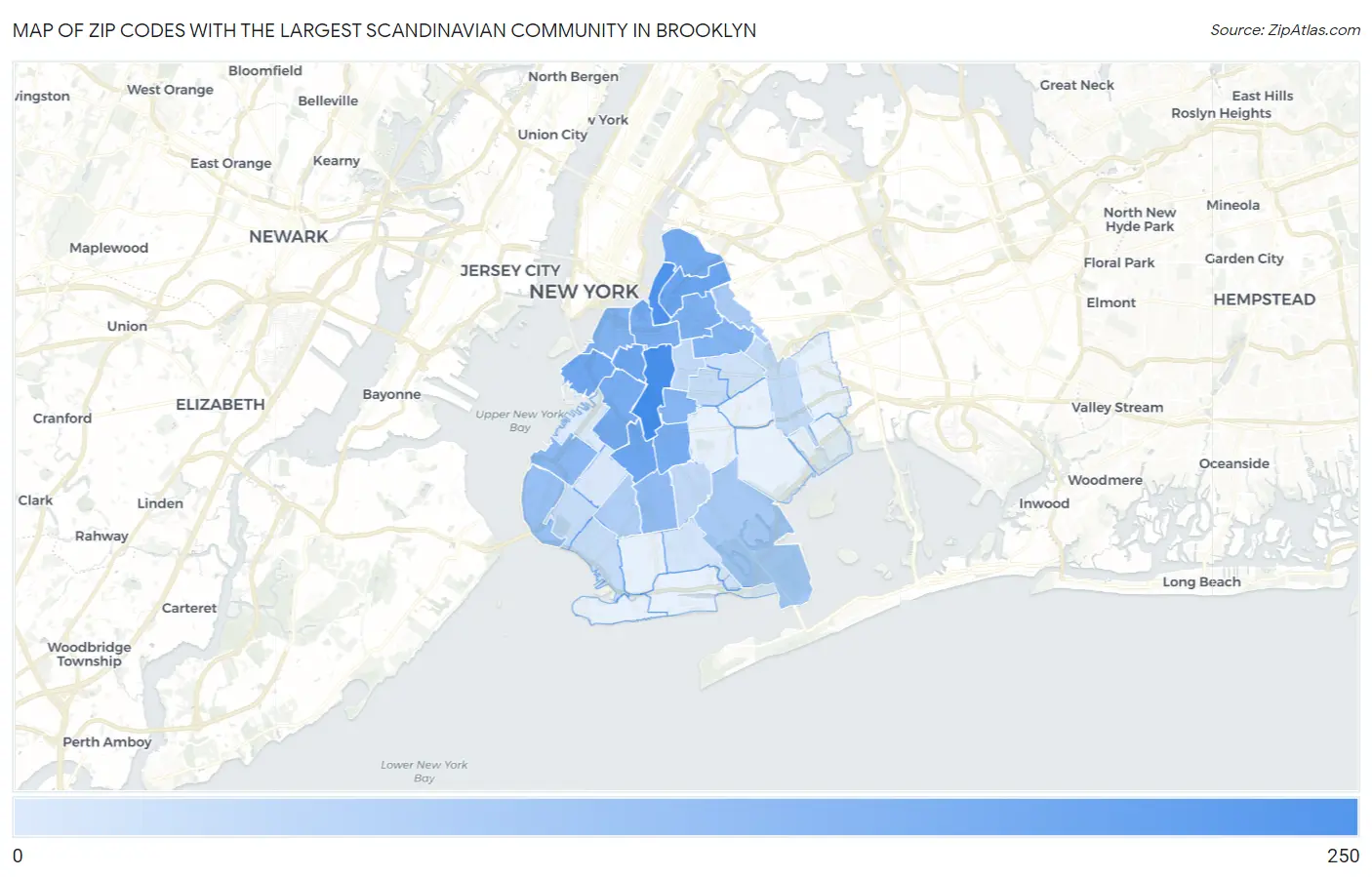Zip Codes with the Largest Scandinavian Community in Brooklyn Map