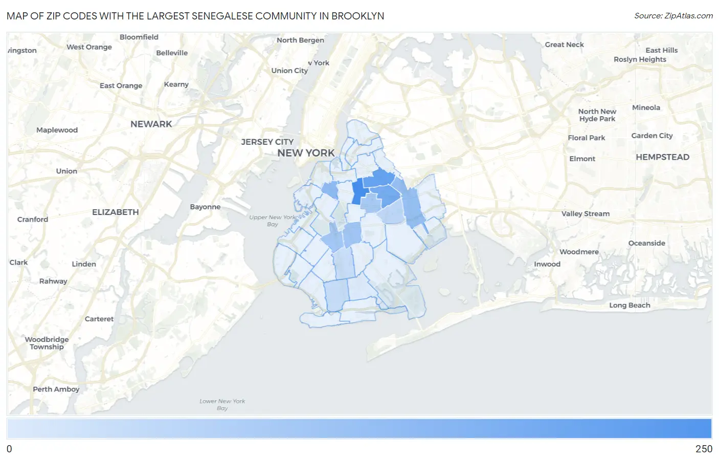 Zip Codes with the Largest Senegalese Community in Brooklyn Map