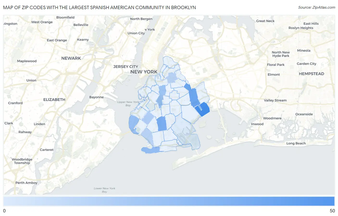 Zip Codes with the Largest Spanish American Community in Brooklyn Map