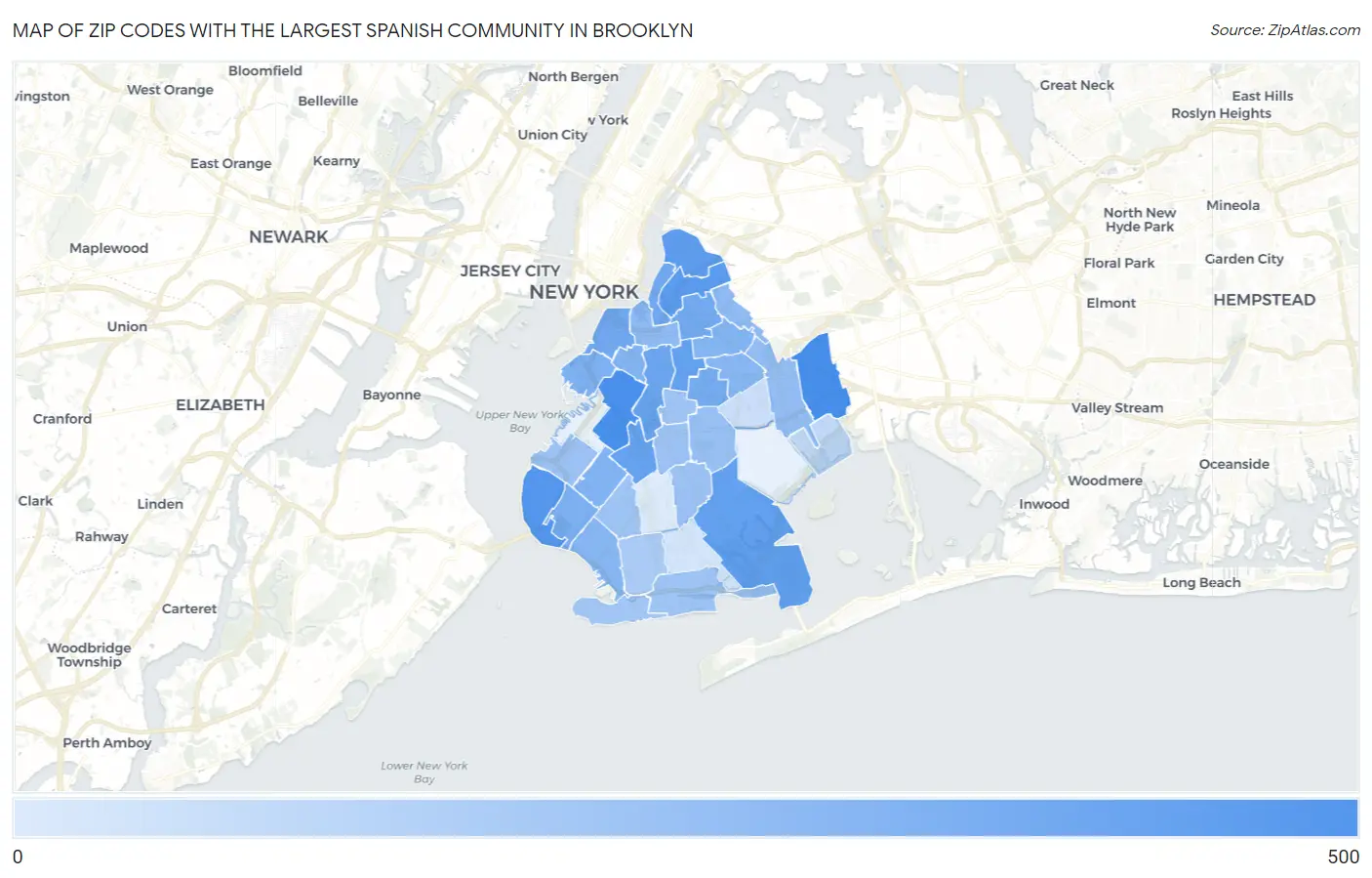 Zip Codes with the Largest Spanish Community in Brooklyn Map