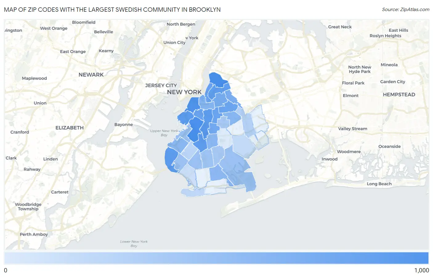 Zip Codes with the Largest Swedish Community in Brooklyn Map