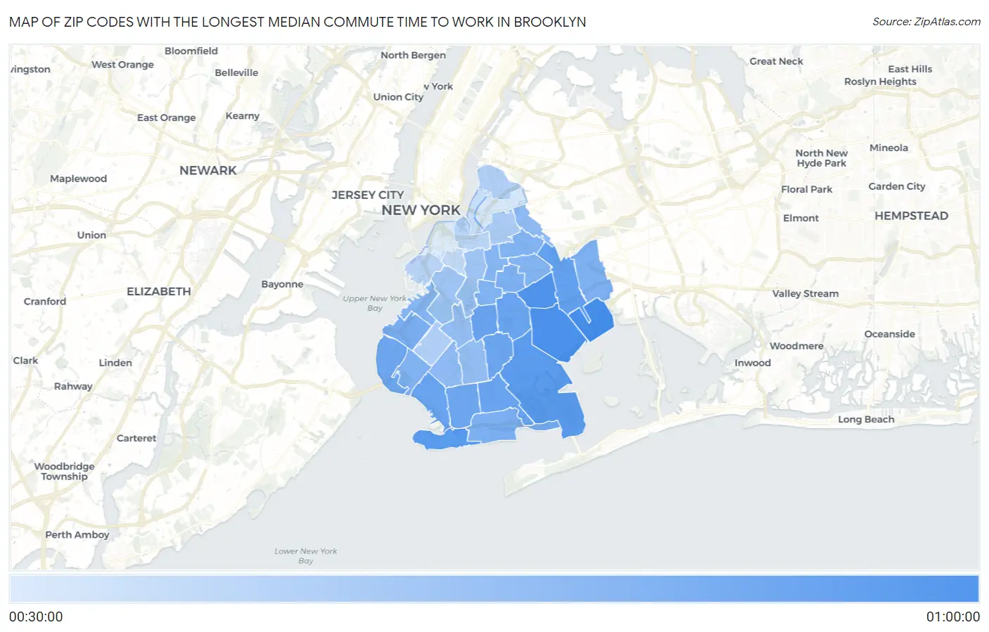 Zip Codes with the Longest Median Commute Time to Work in Brooklyn Map