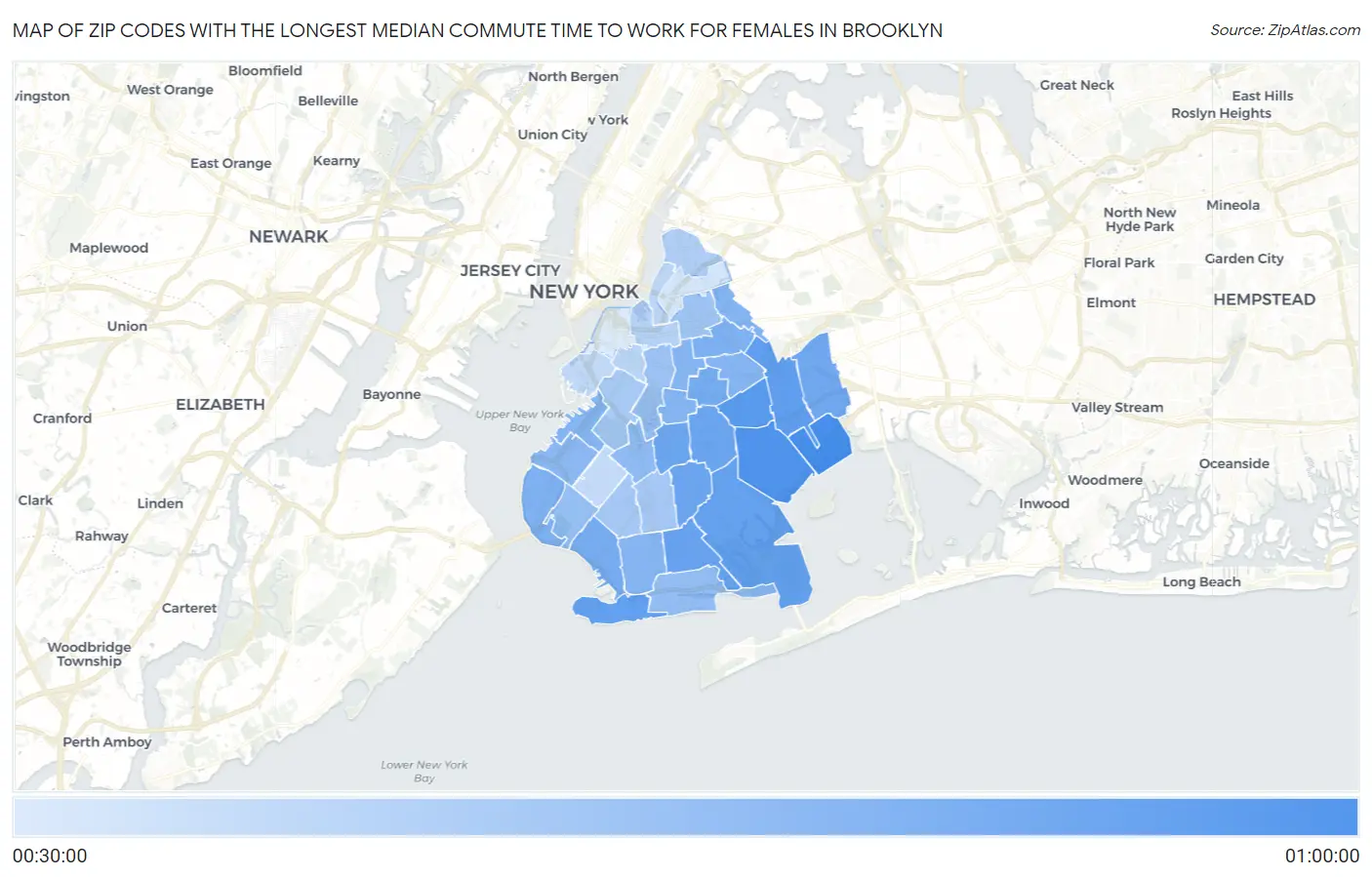 Zip Codes with the Longest Median Commute Time to Work for Females in Brooklyn Map