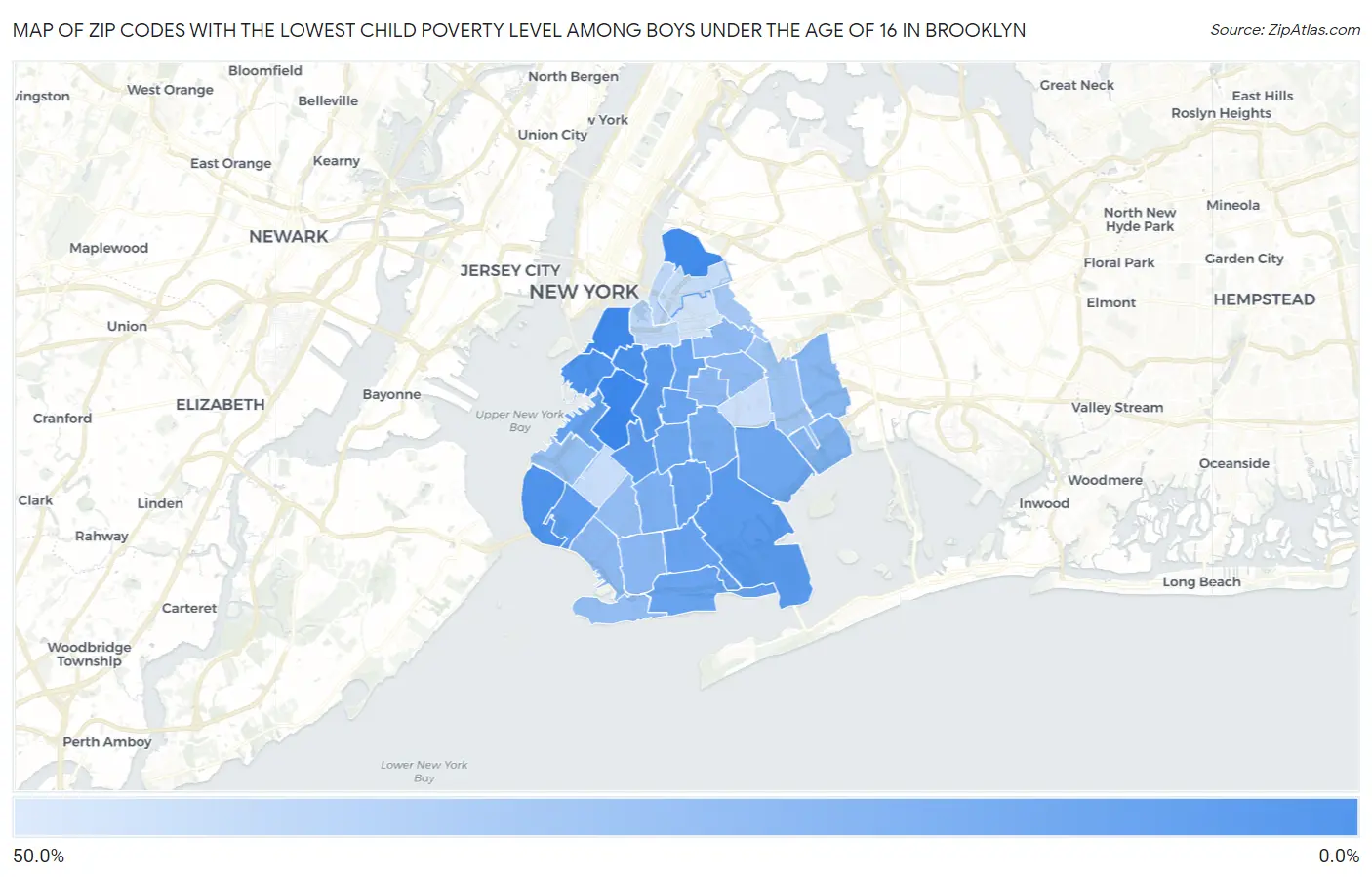 Zip Codes with the Lowest Child Poverty Level Among Boys Under the Age of 16 in Brooklyn Map