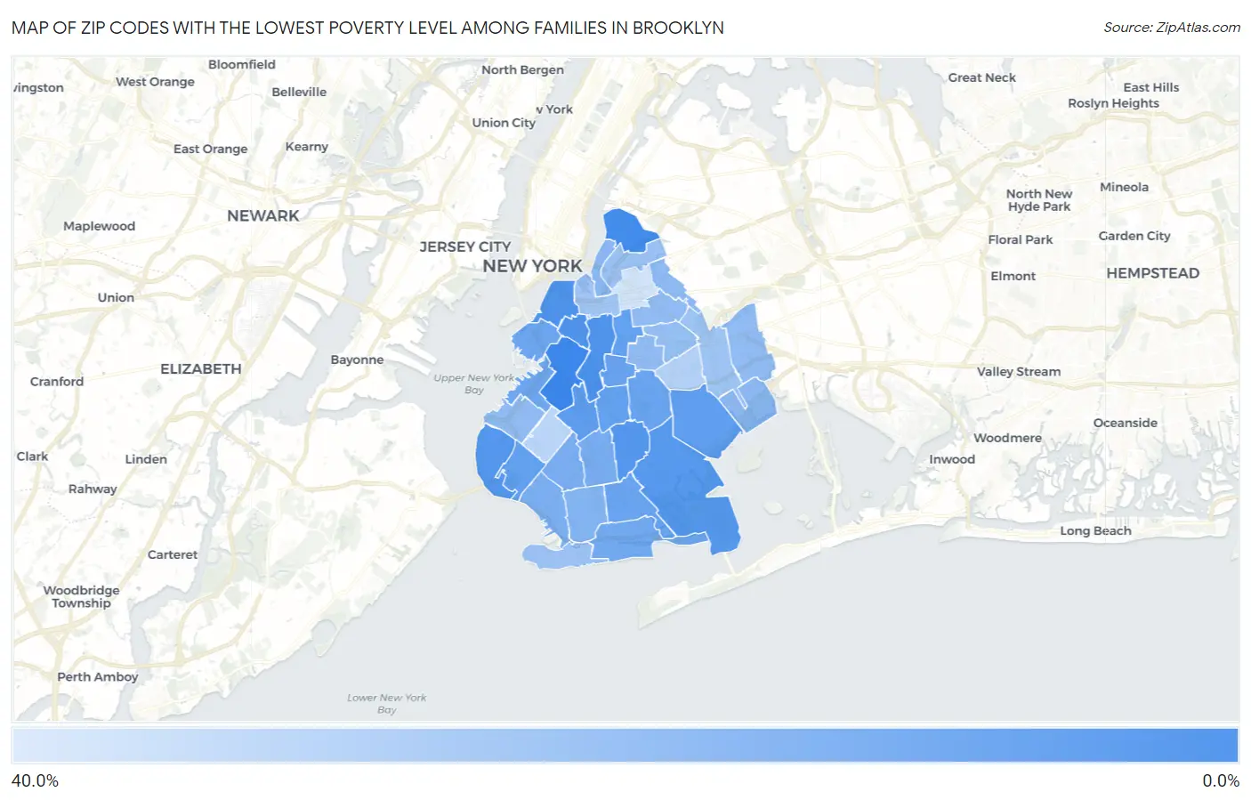 Zip Codes with the Lowest Poverty Level Among Families in Brooklyn Map