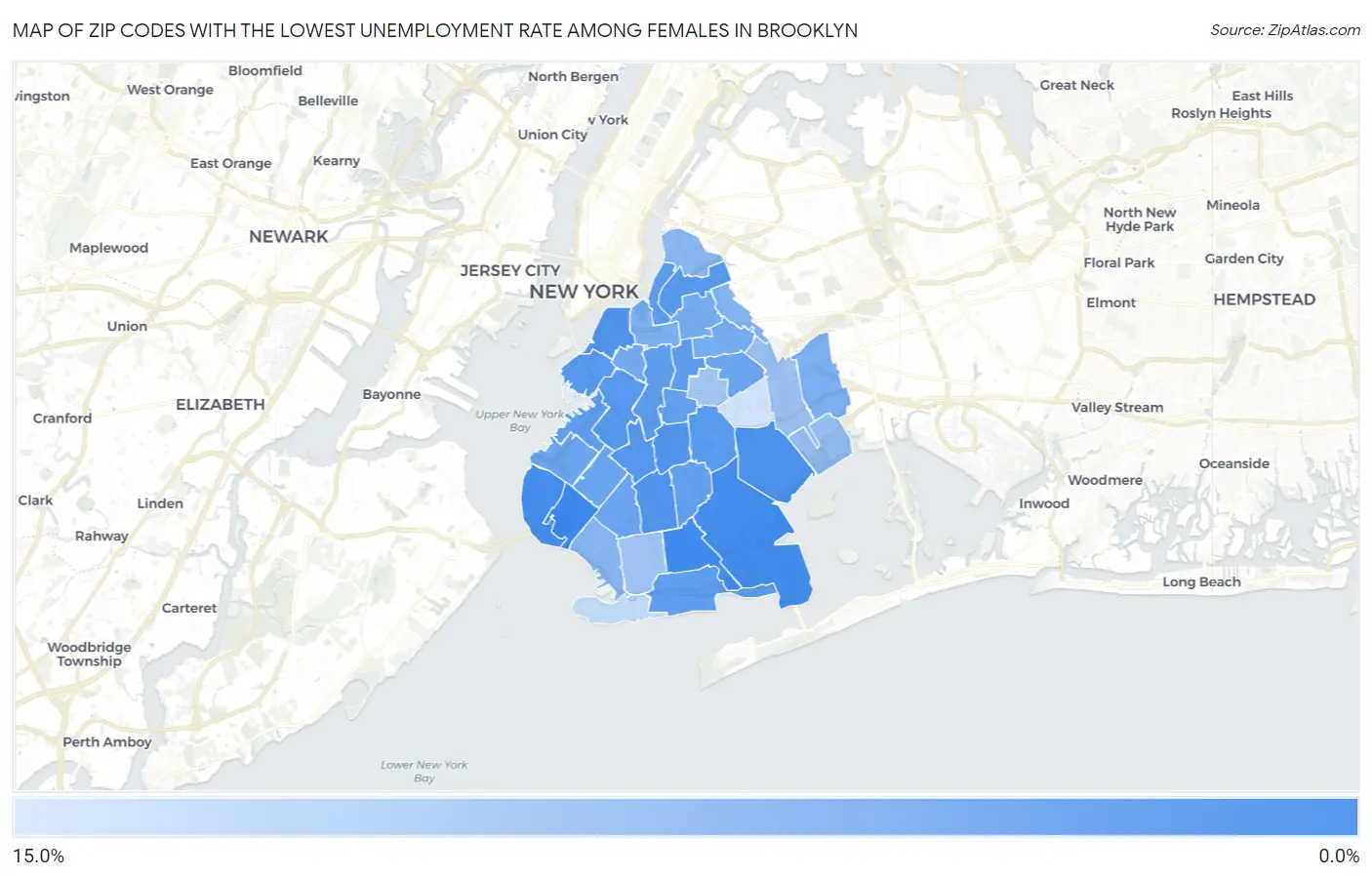 Zip Codes with the Lowest Unemployment Rate Among Females in Brooklyn Map