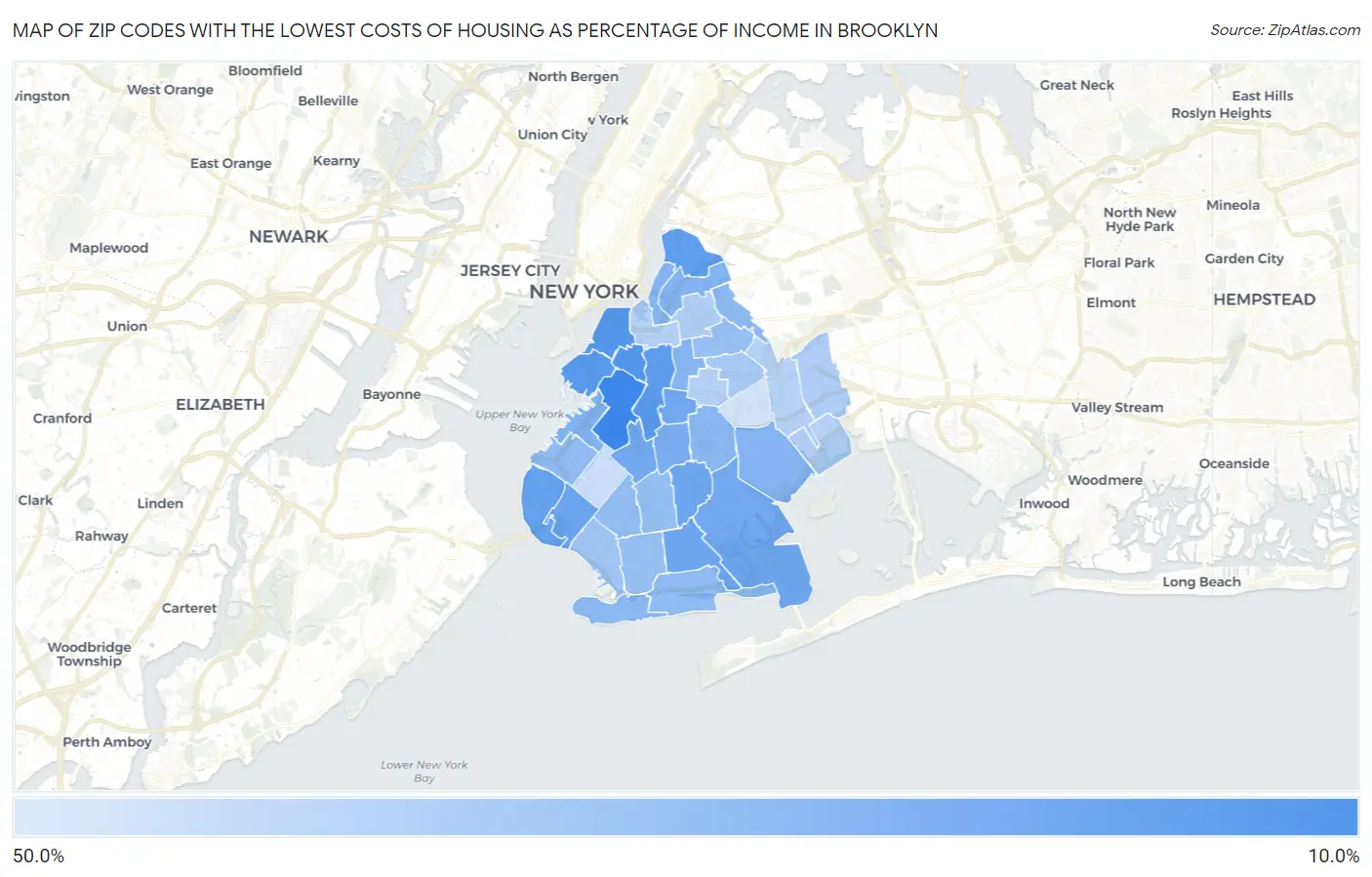 Zip Codes with the Lowest Costs of Housing as Percentage of Income in Brooklyn Map