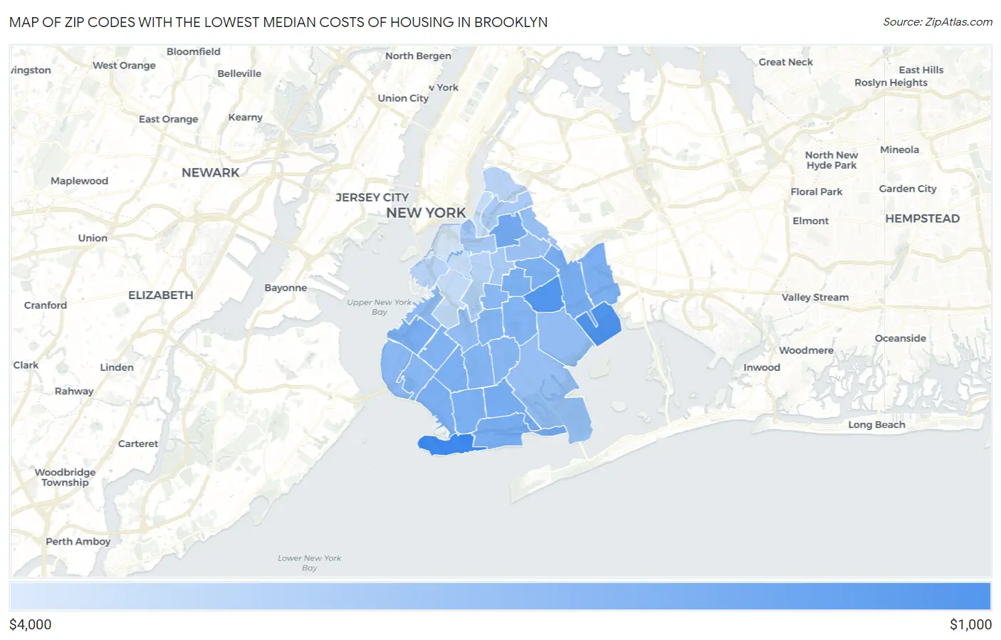 Zip Codes with the Lowest Median Costs of Housing in Brooklyn Map