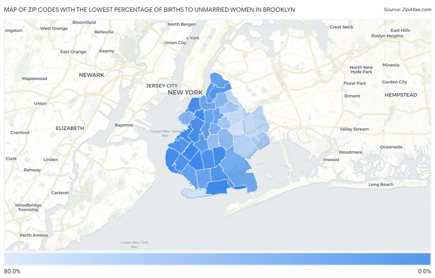 Zip Codes with the Lowest Percentage of Births to Unmarried Women in Brooklyn Map