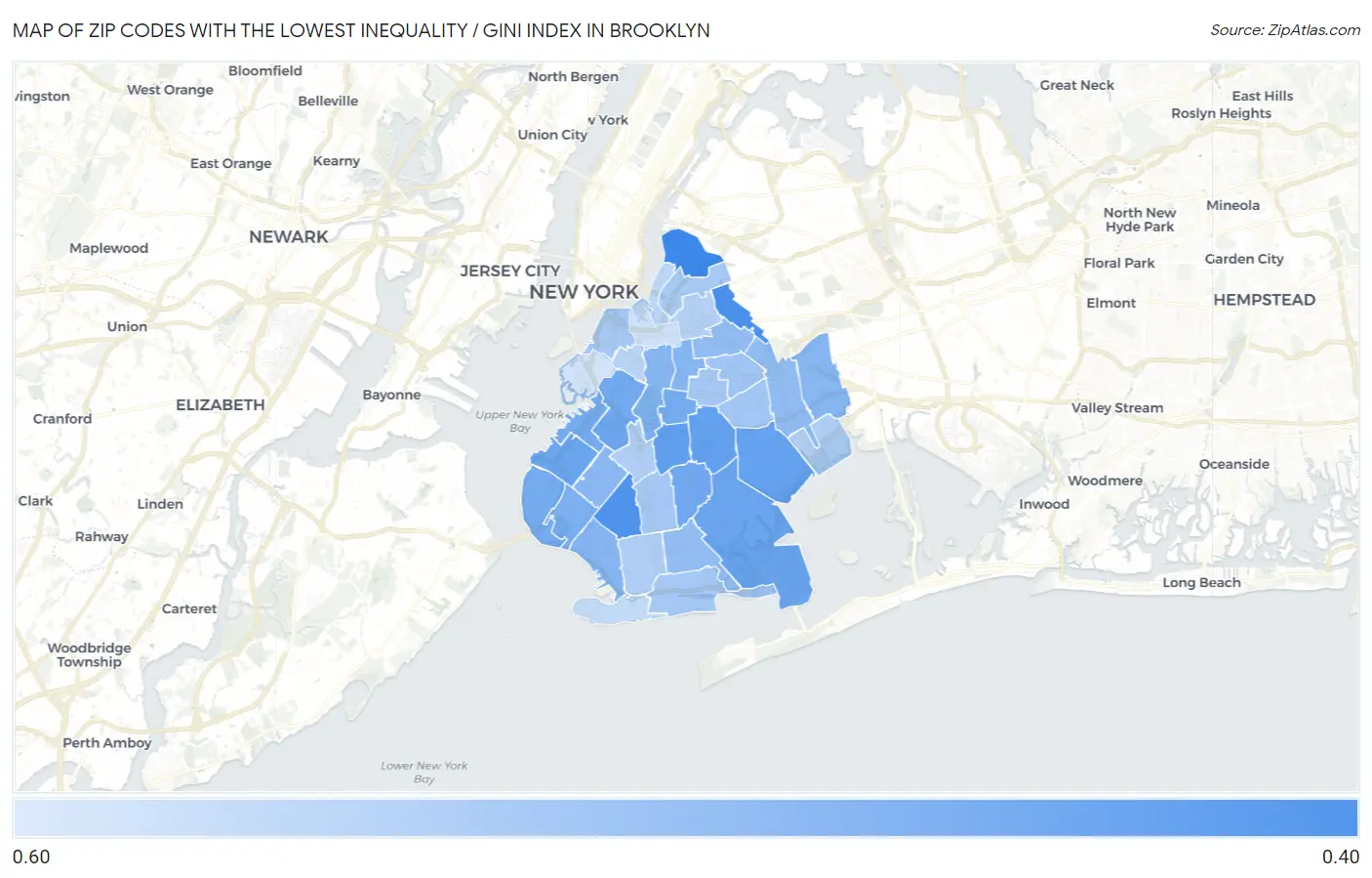 Zip Codes with the Lowest Inequality / Gini Index in Brooklyn Map