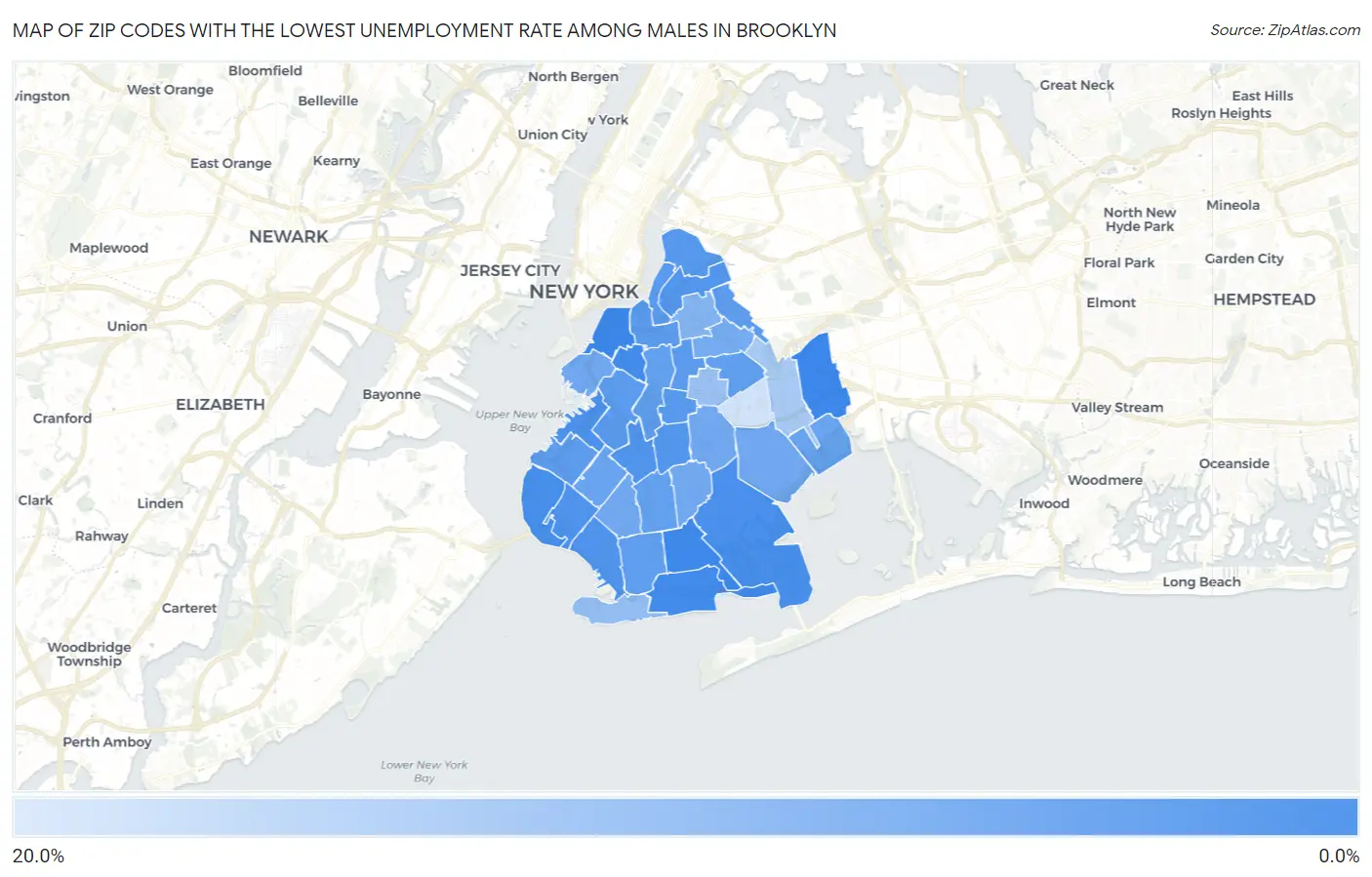 Zip Codes with the Lowest Unemployment Rate Among Males in Brooklyn Map
