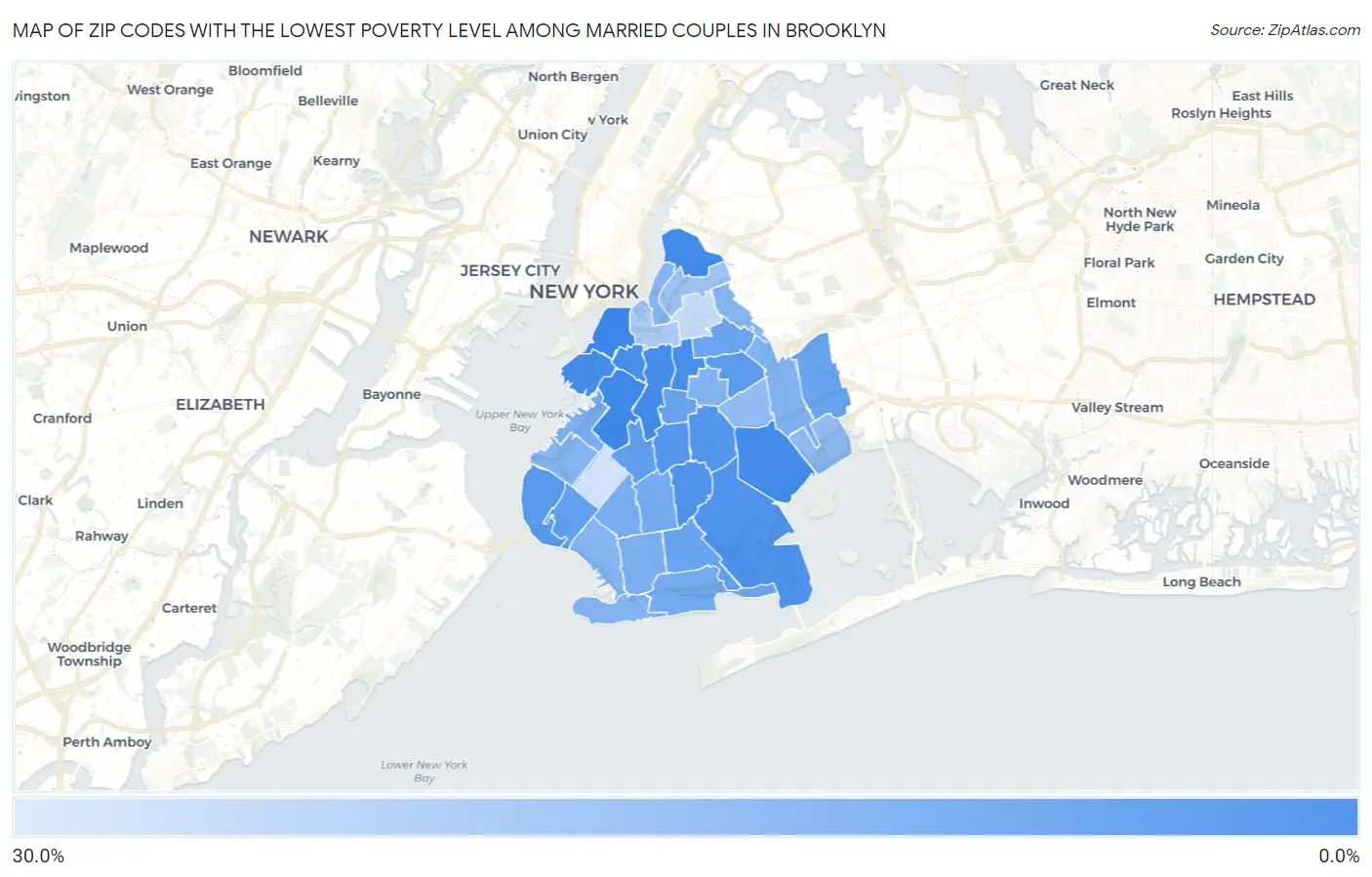Zip Codes with the Lowest Poverty Level Among Married Couples in Brooklyn Map