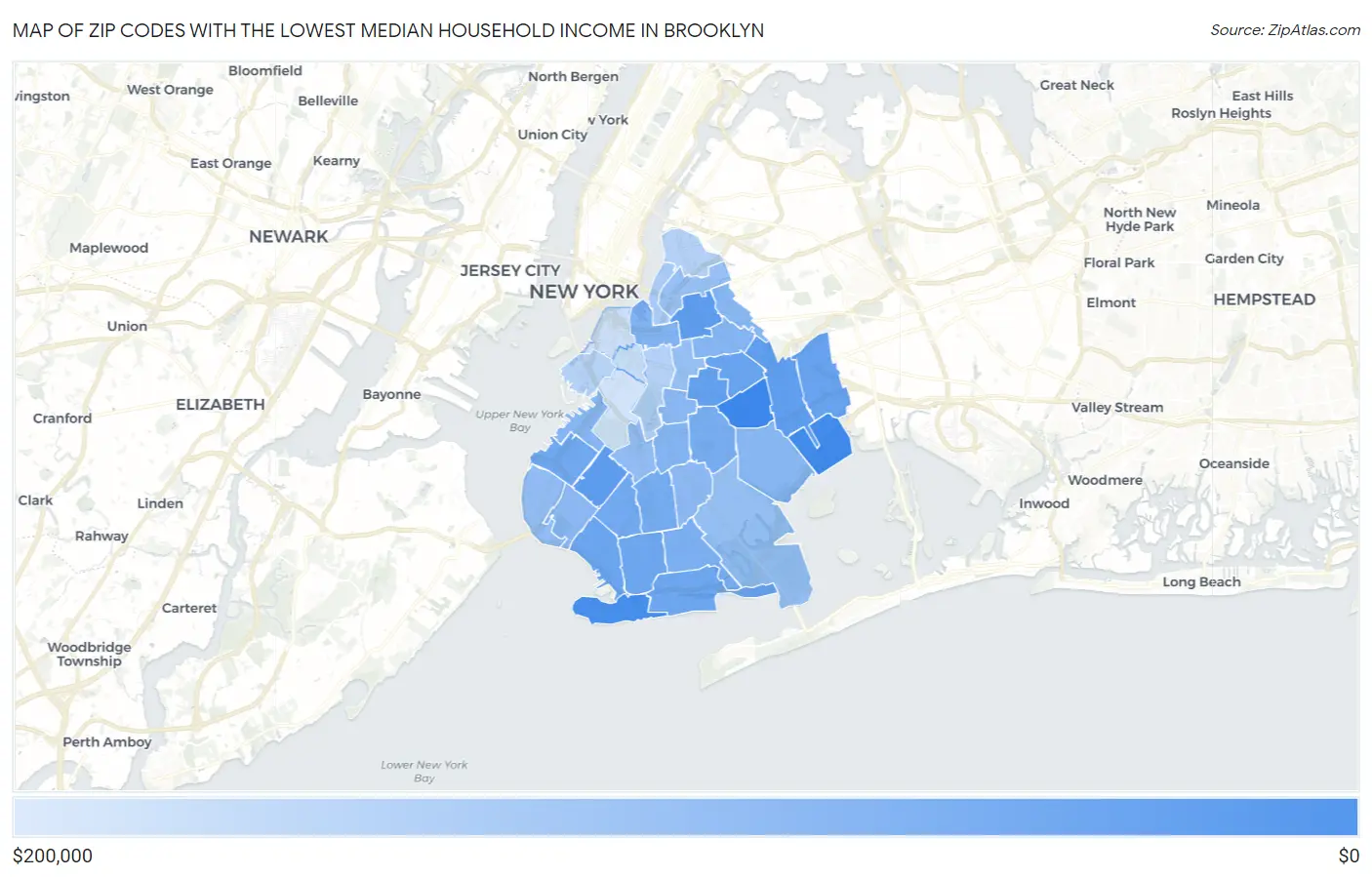 Zip Codes with the Lowest Median Household Income in Brooklyn Map
