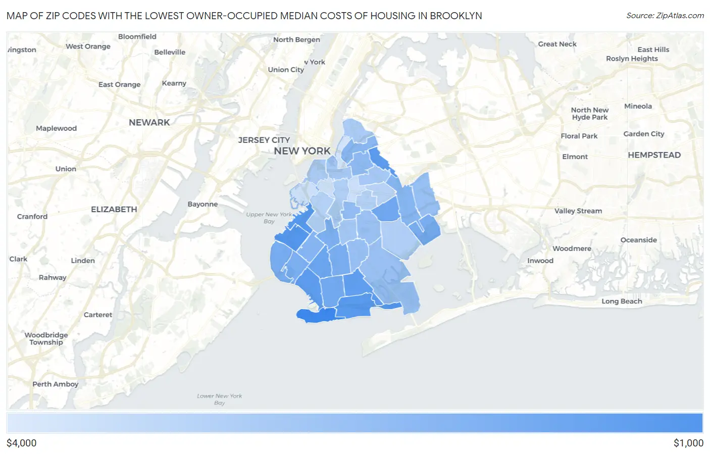Zip Codes with the Lowest Owner-Occupied Median Costs of Housing in Brooklyn Map