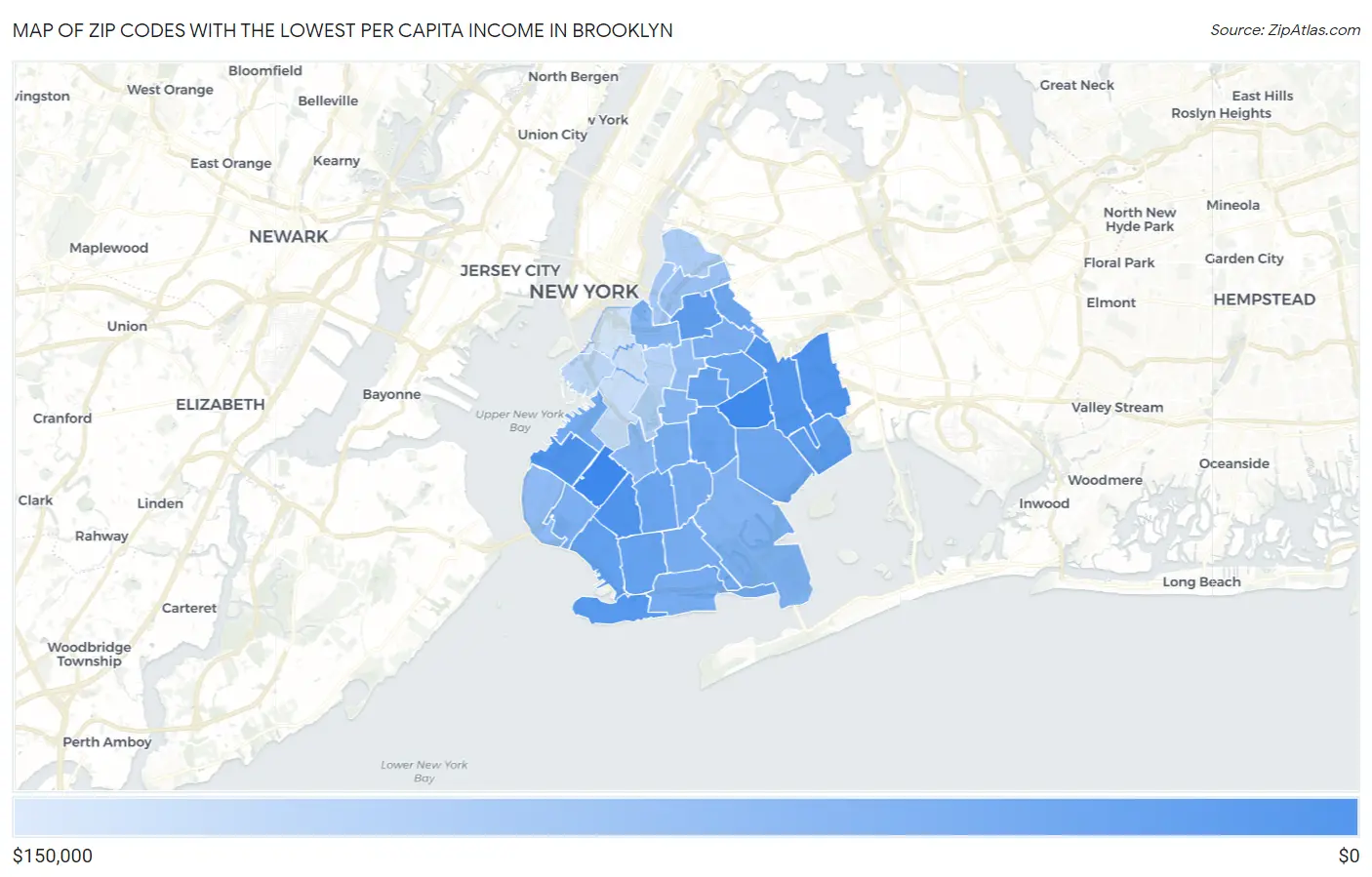 Zip Codes with the Lowest Per Capita Income in Brooklyn Map