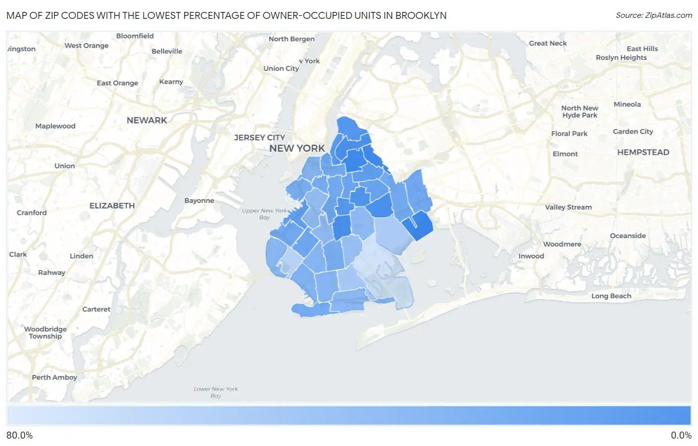 Zip Codes with the Lowest Percentage of Owner-Occupied Units in Brooklyn Map