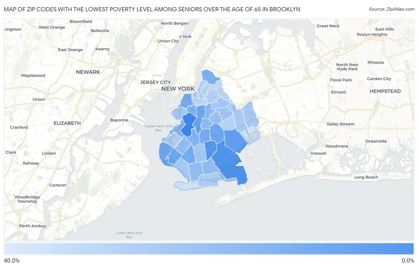 Zip Codes with the Lowest Poverty Level Among Seniors Over the Age of 65 in Brooklyn Map