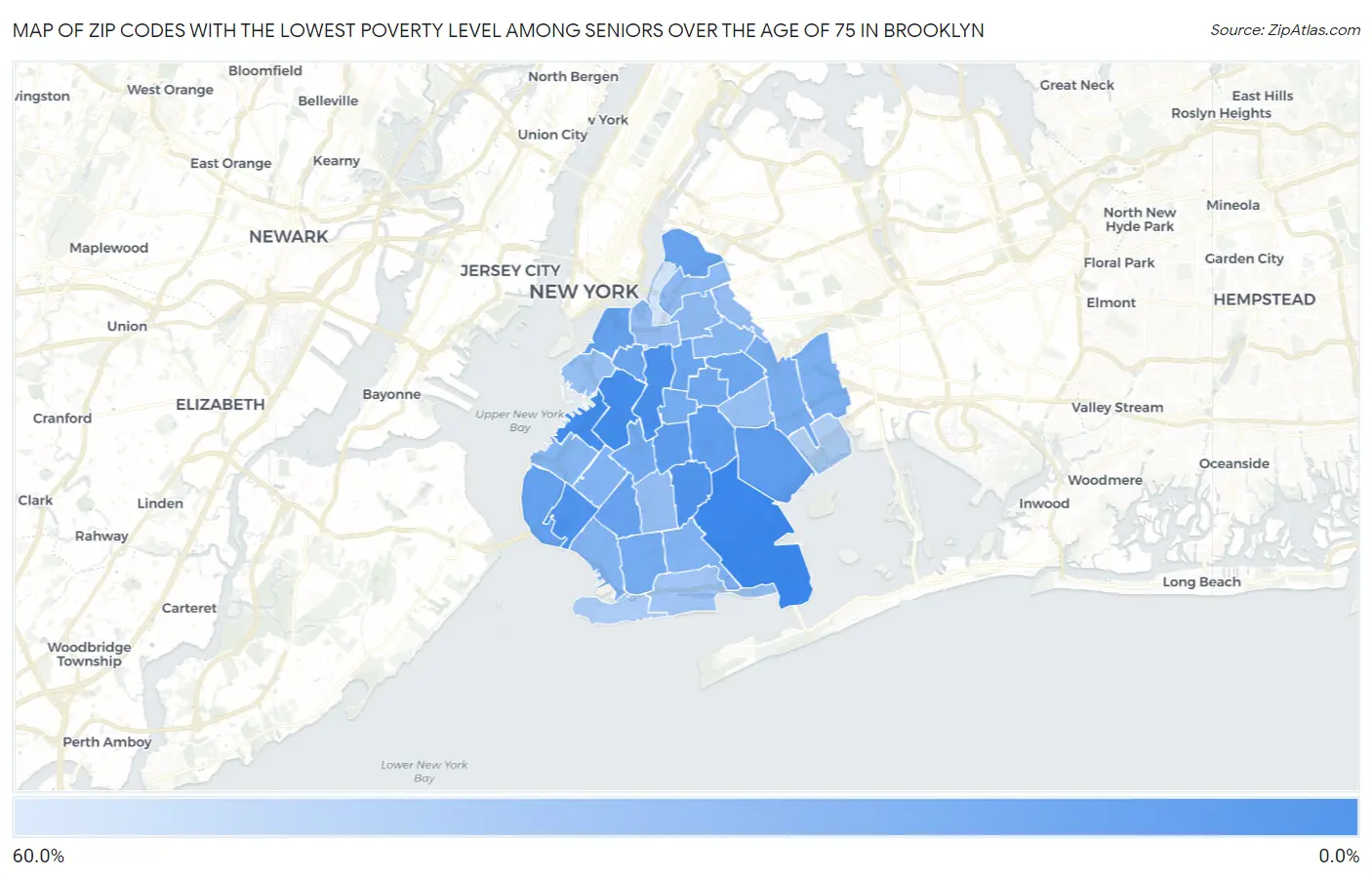 Zip Codes with the Lowest Poverty Level Among Seniors Over the Age of 75 in Brooklyn Map
