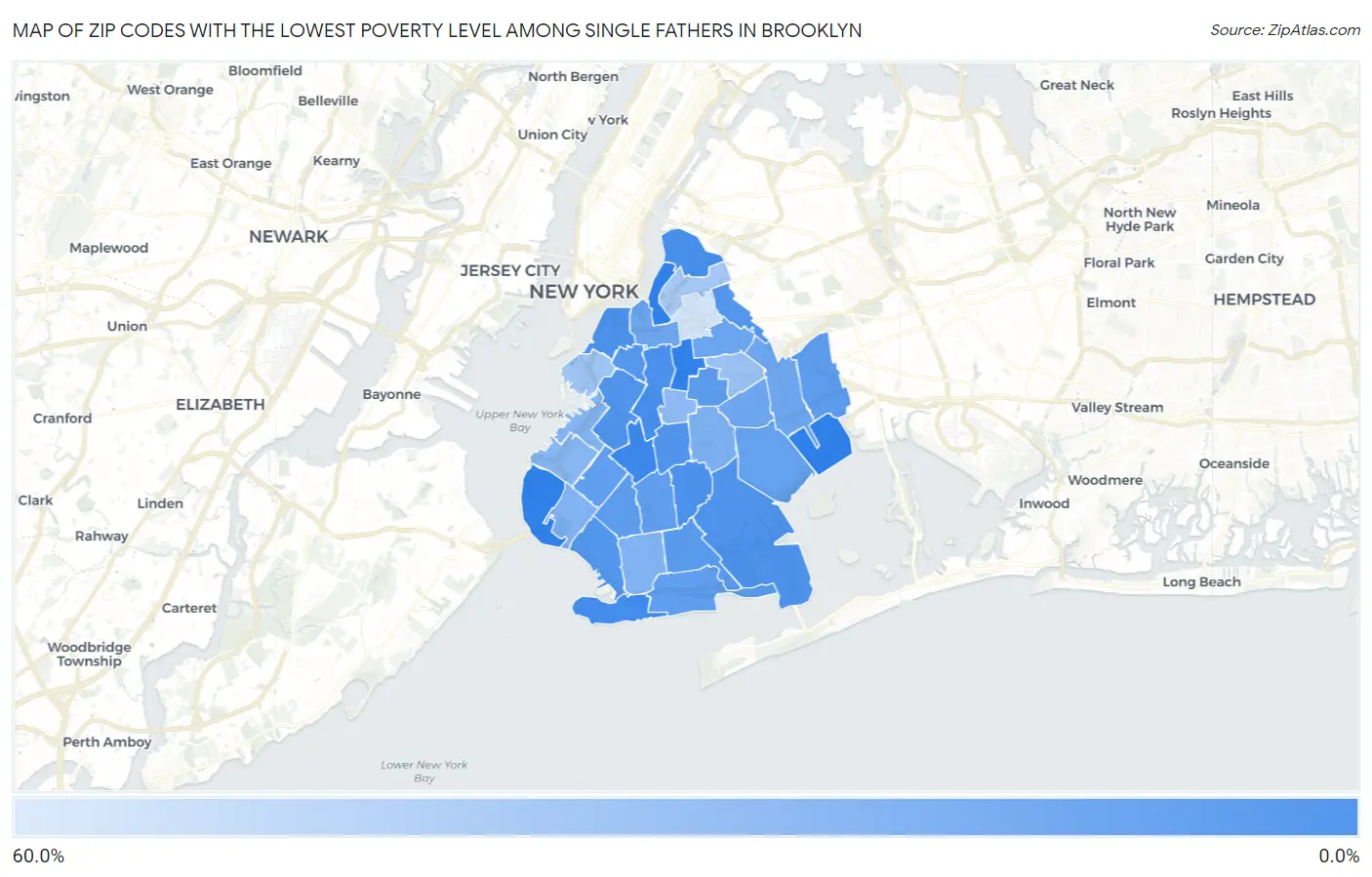 Zip Codes with the Lowest Poverty Level Among Single Fathers in Brooklyn Map