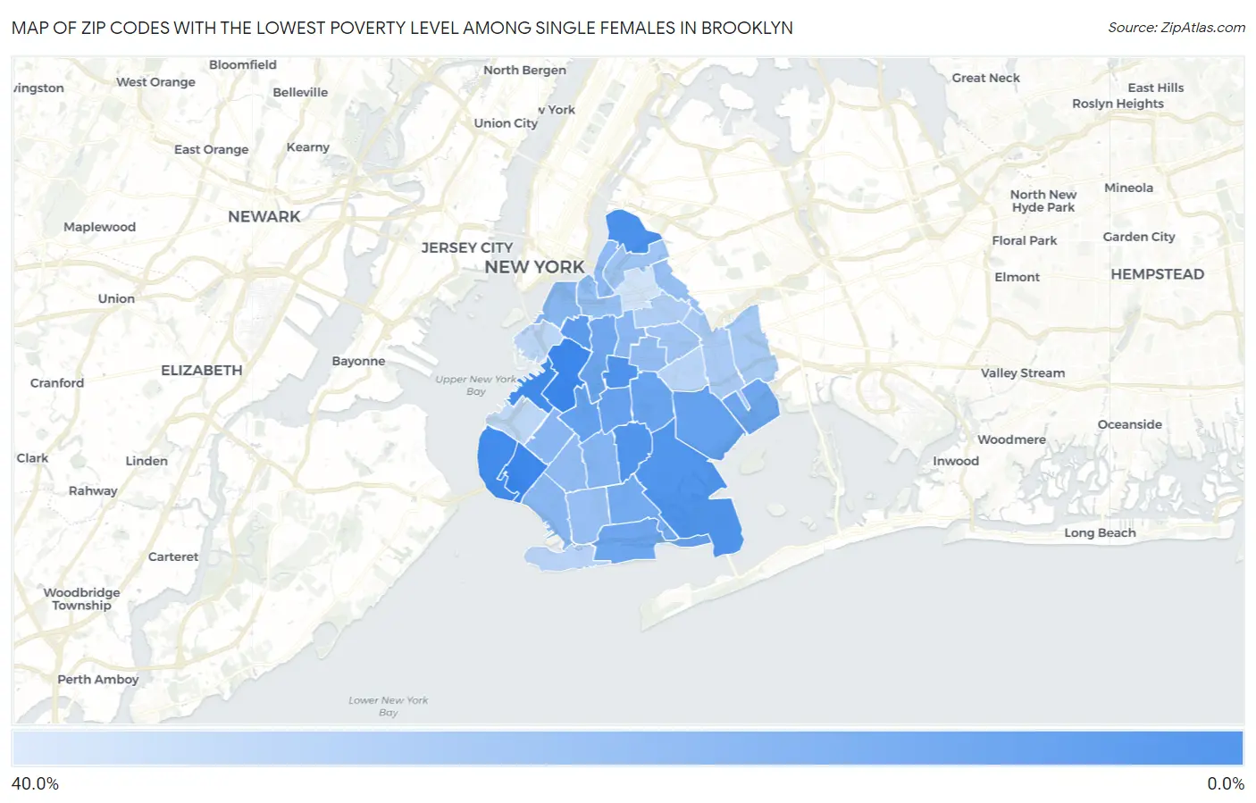 Zip Codes with the Lowest Poverty Level Among Single Females in Brooklyn Map