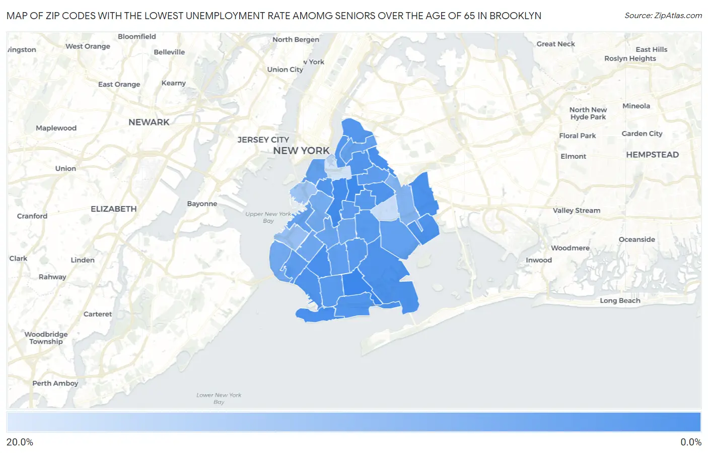 Zip Codes with the Lowest Unemployment Rate Amomg Seniors Over the Age of 65 in Brooklyn Map