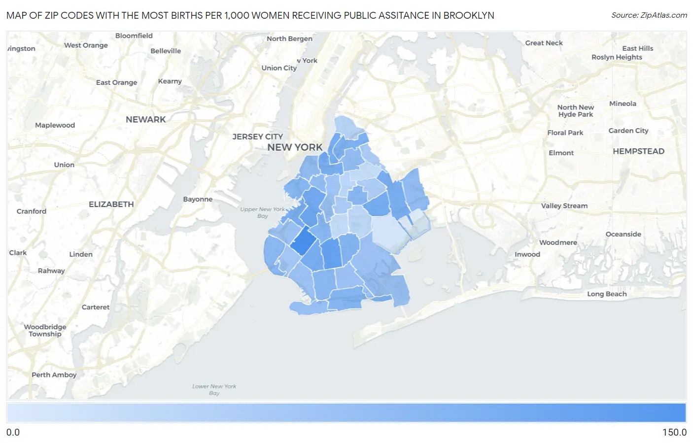 Zip Codes with the Most Births per 1,000 Women Receiving Public Assitance in Brooklyn Map