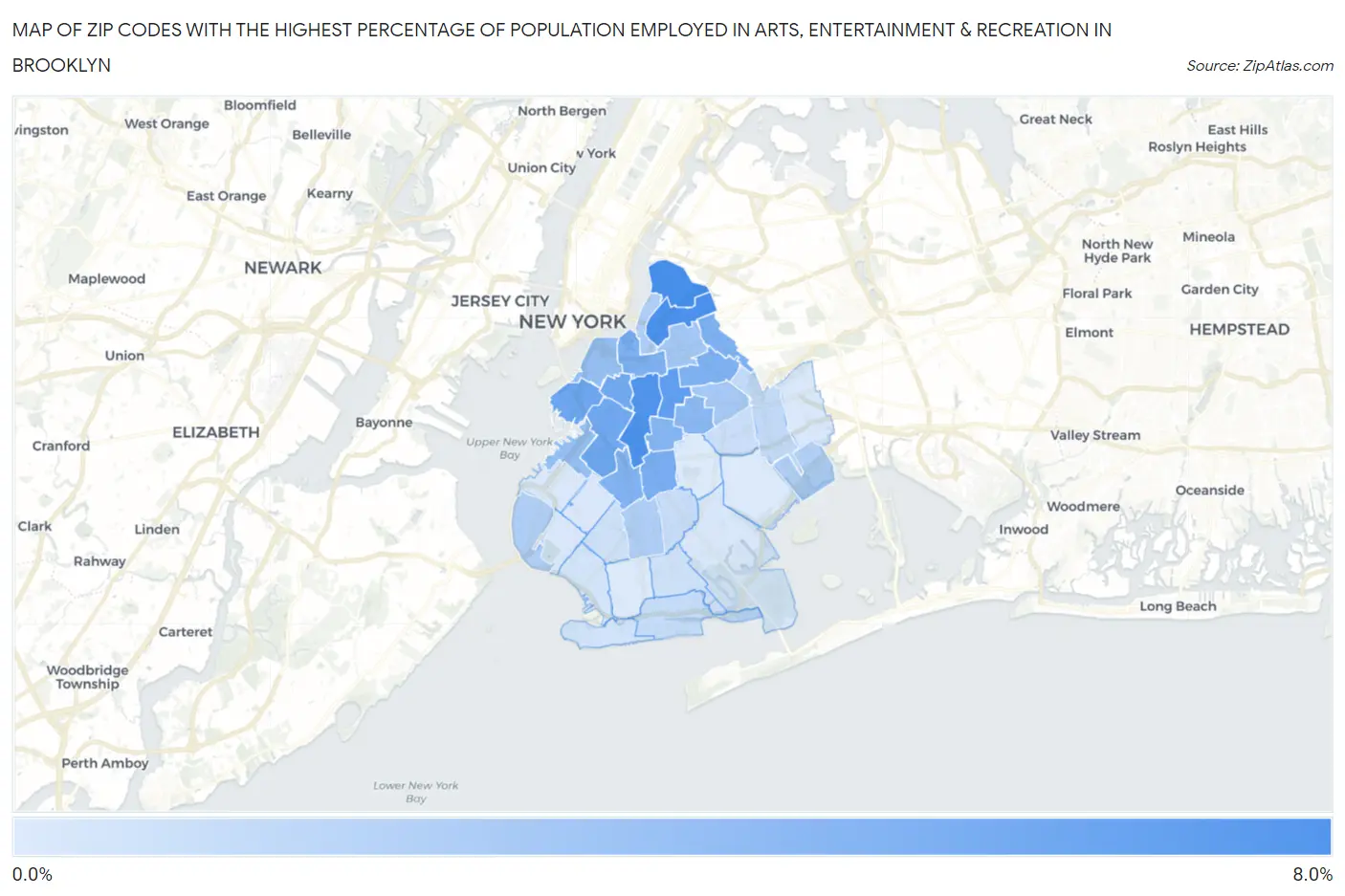 Zip Codes with the Highest Percentage of Population Employed in Arts, Entertainment & Recreation in Brooklyn Map