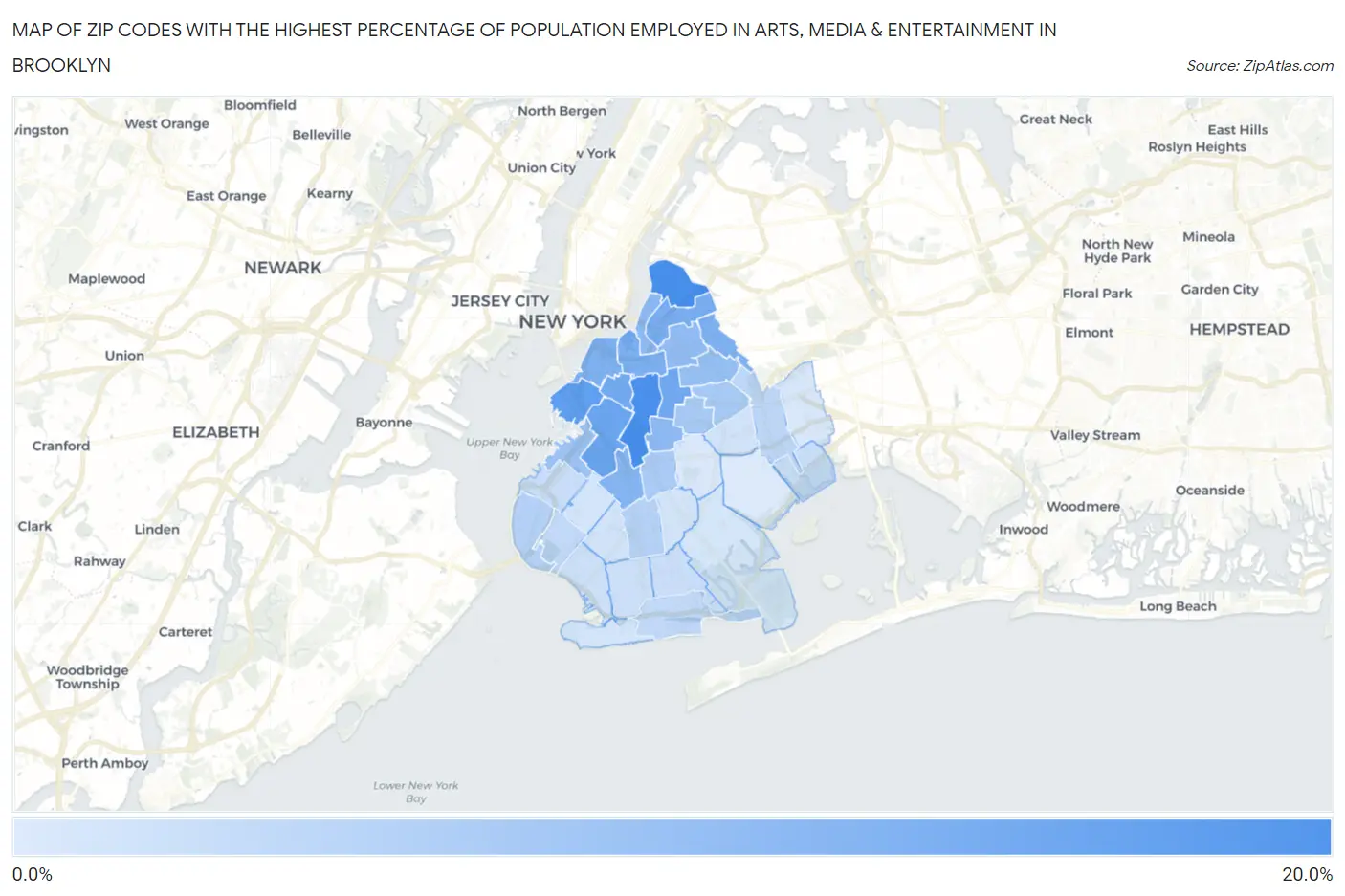 Zip Codes with the Highest Percentage of Population Employed in Arts, Media & Entertainment in Brooklyn Map