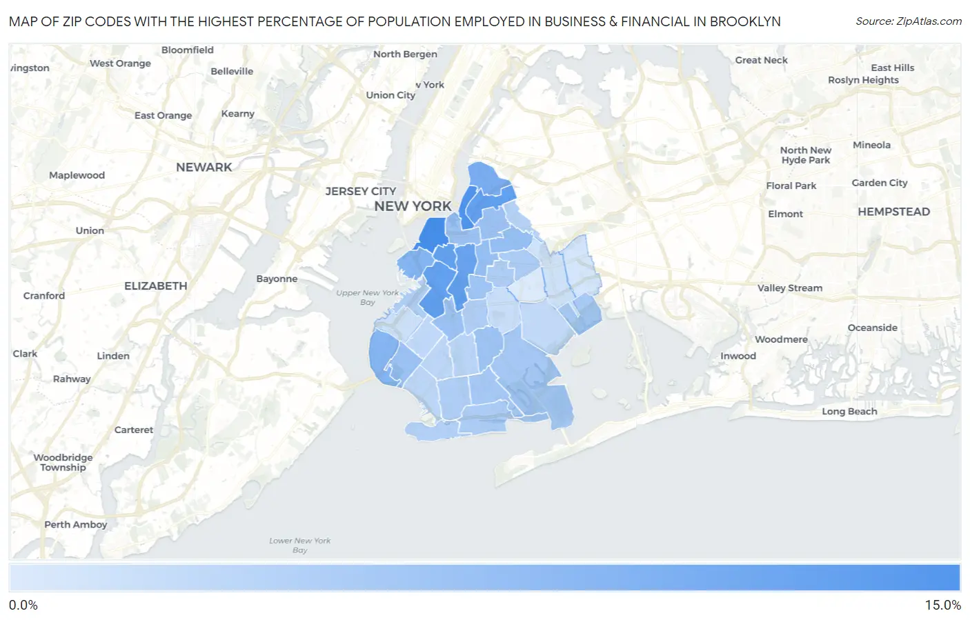 Zip Codes with the Highest Percentage of Population Employed in Business & Financial in Brooklyn Map