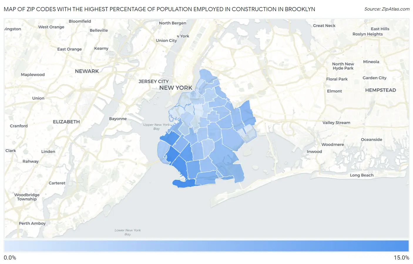 Zip Codes with the Highest Percentage of Population Employed in Construction in Brooklyn Map
