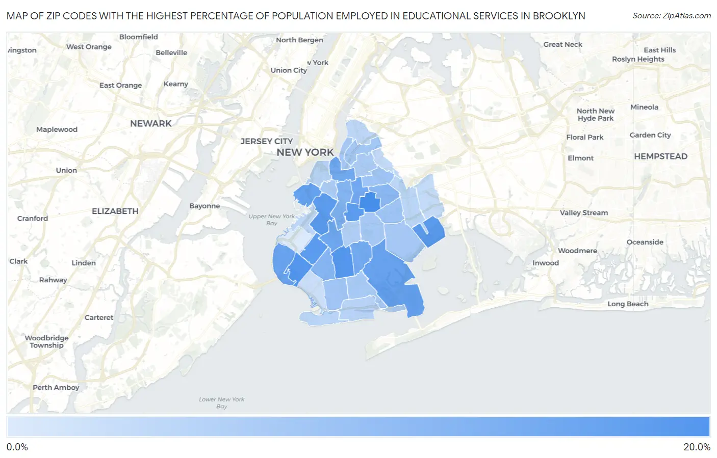 Zip Codes with the Highest Percentage of Population Employed in Educational Services in Brooklyn Map