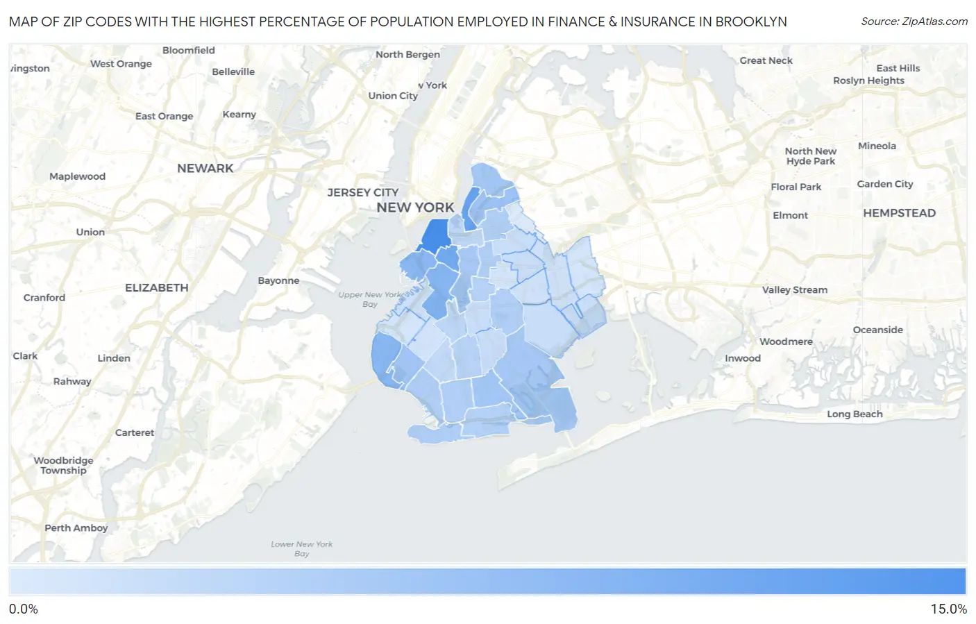 Zip Codes with the Highest Percentage of Population Employed in Finance & Insurance in Brooklyn Map