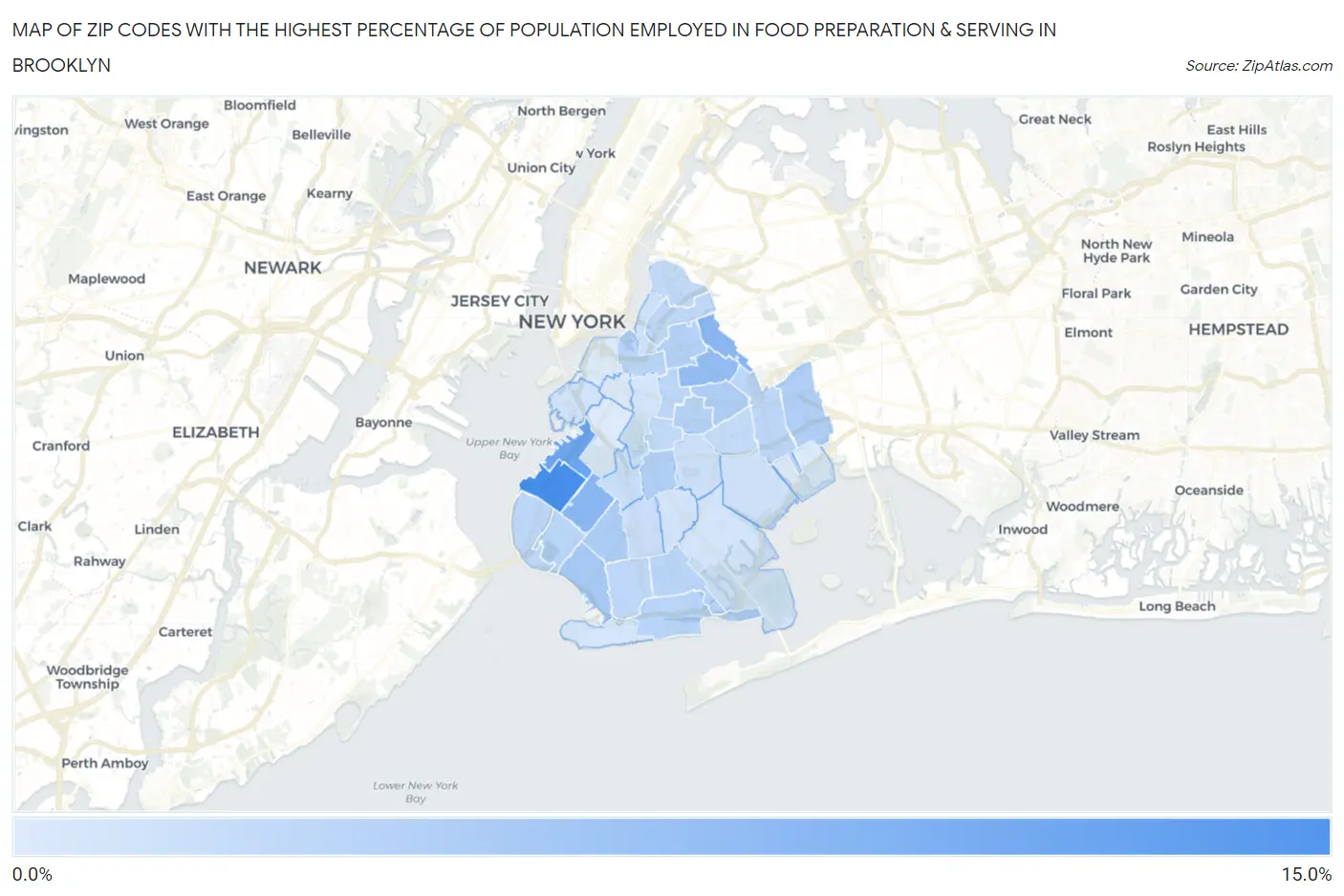 Zip Codes with the Highest Percentage of Population Employed in Food Preparation & Serving in Brooklyn Map