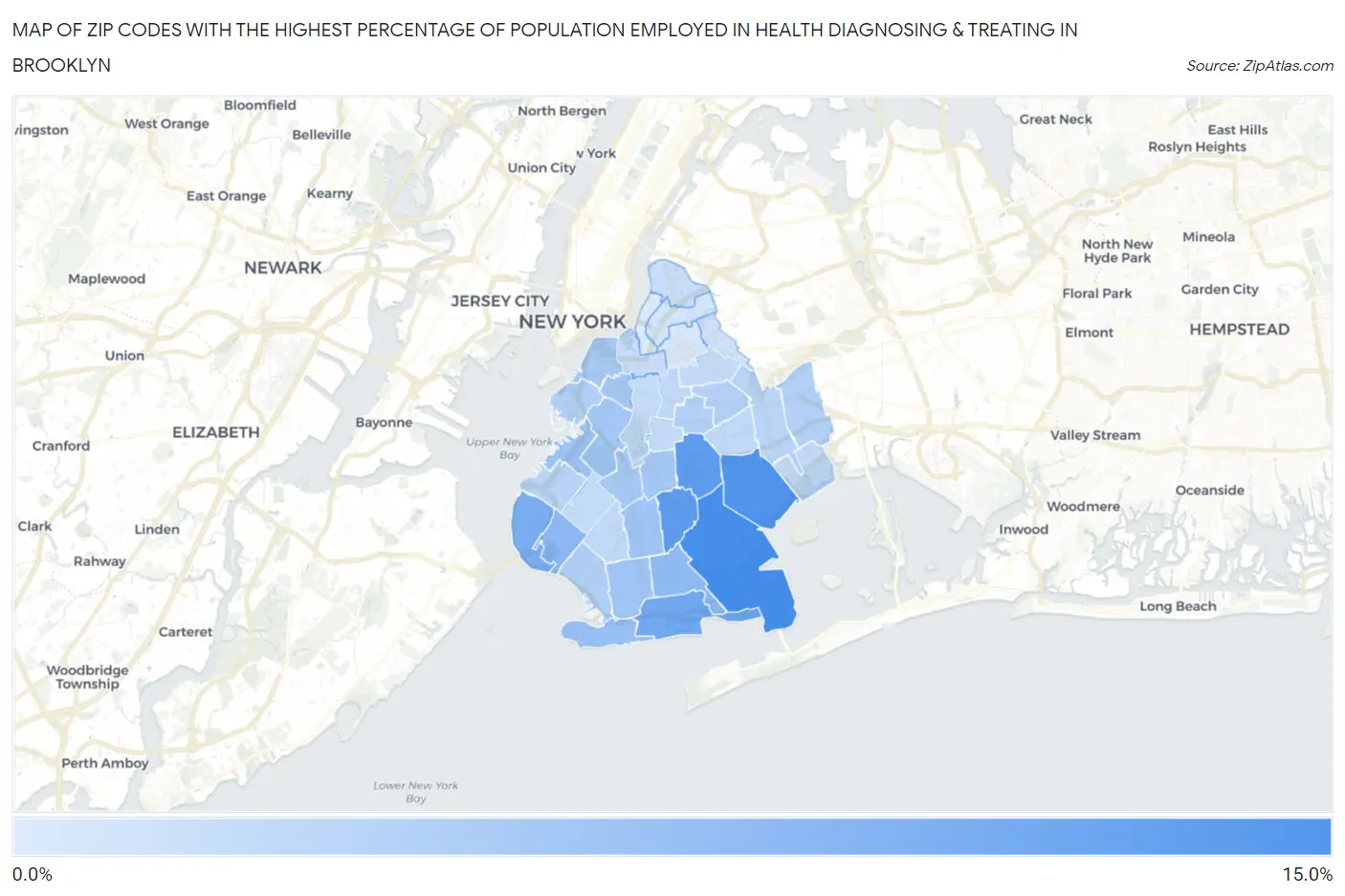 Zip Codes with the Highest Percentage of Population Employed in Health Diagnosing & Treating in Brooklyn Map