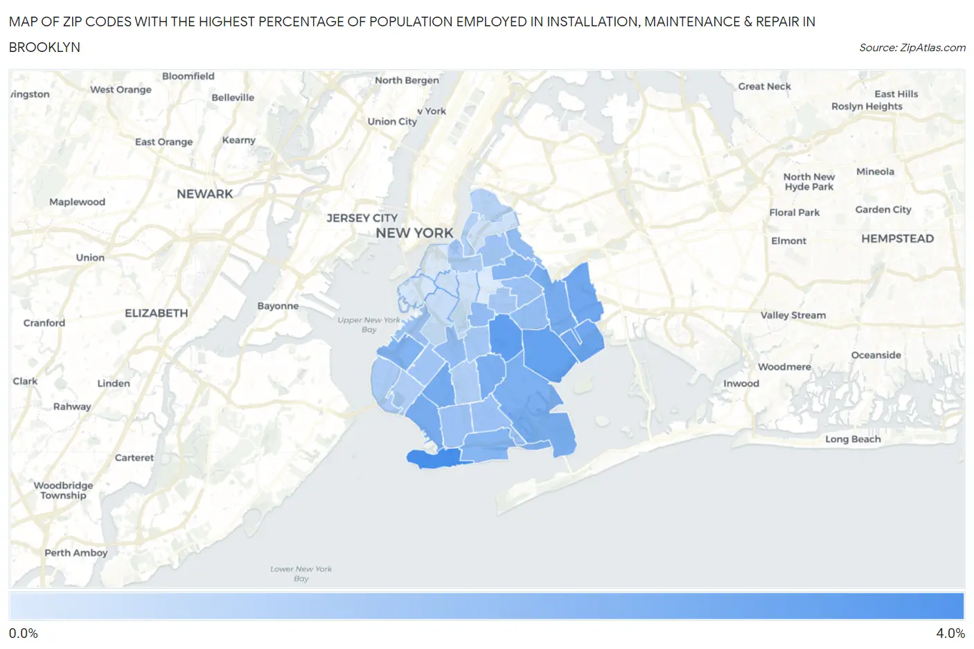 Zip Codes with the Highest Percentage of Population Employed in Installation, Maintenance & Repair in Brooklyn Map