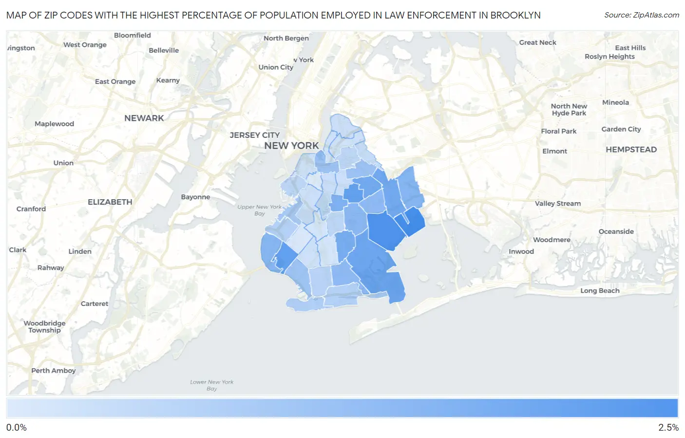 Zip Codes with the Highest Percentage of Population Employed in Law Enforcement in Brooklyn Map