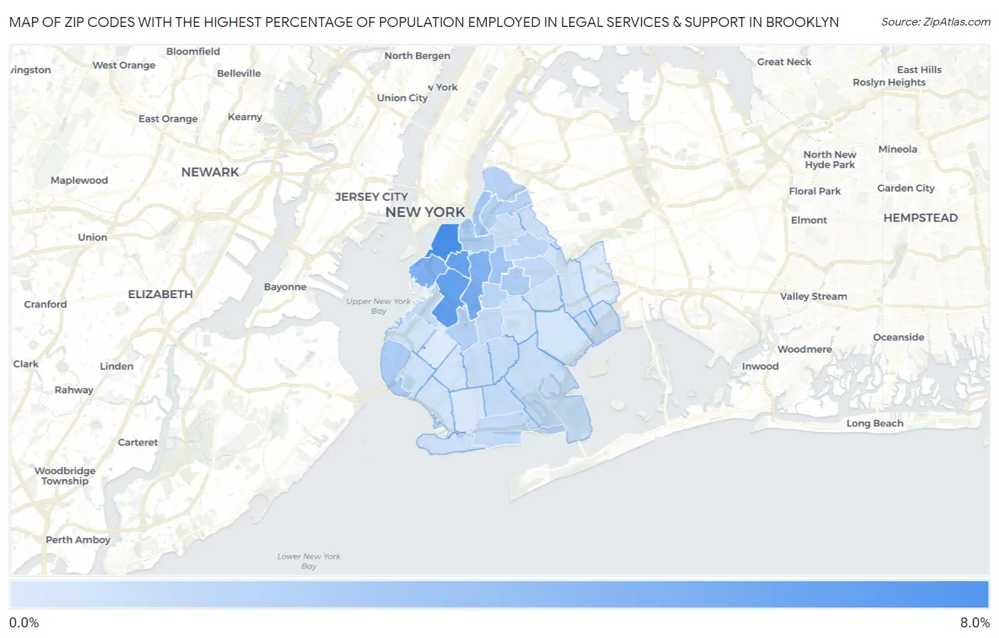 Zip Codes with the Highest Percentage of Population Employed in Legal Services & Support in Brooklyn Map