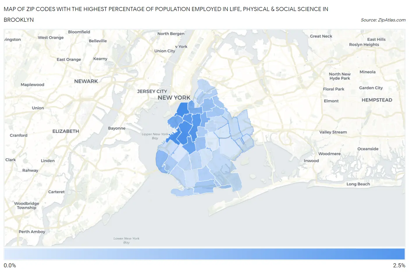 Zip Codes with the Highest Percentage of Population Employed in Life, Physical & Social Science in Brooklyn Map