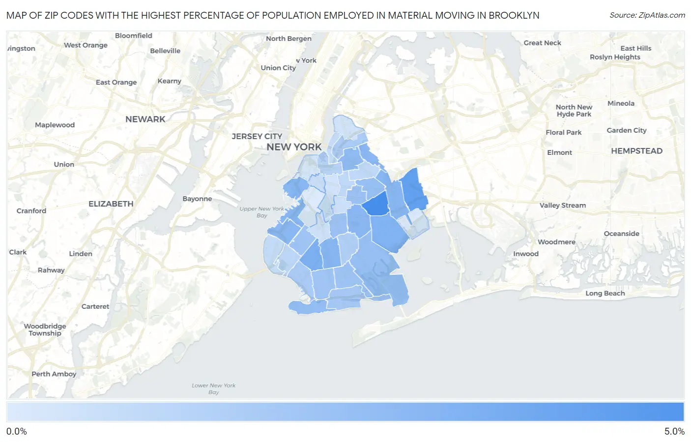 Zip Codes with the Highest Percentage of Population Employed in Material Moving in Brooklyn Map