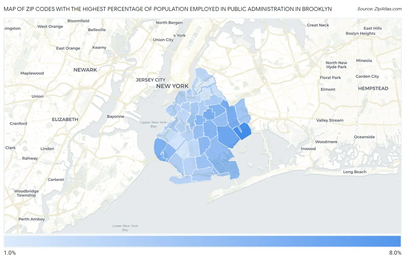 Zip Codes with the Highest Percentage of Population Employed in Public Administration in Brooklyn Map